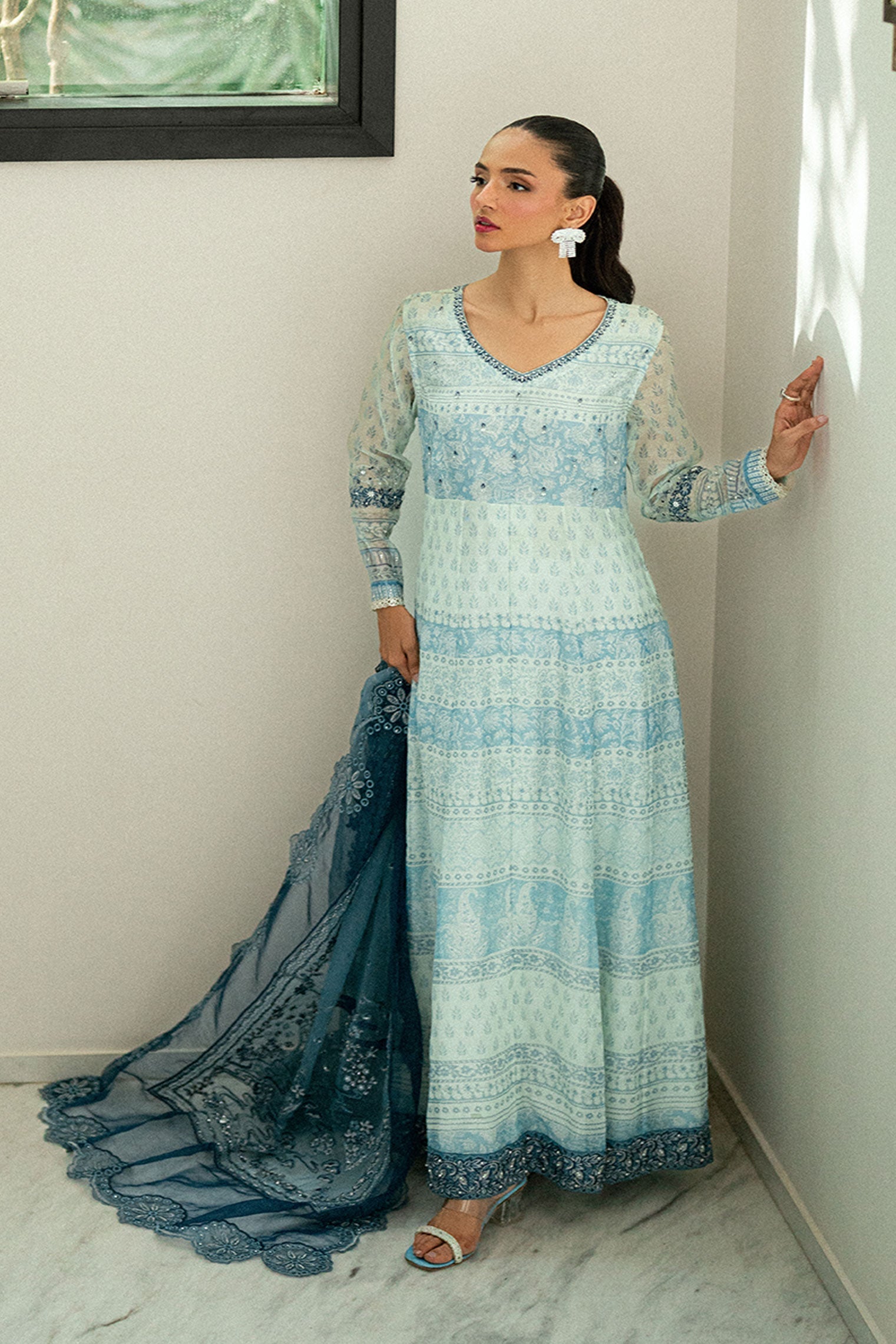 Dhanak | Signature Pret | SKY BLUE 2PCS EMBROIDERED PISHWAS WITH TROUSER - House Of Hania