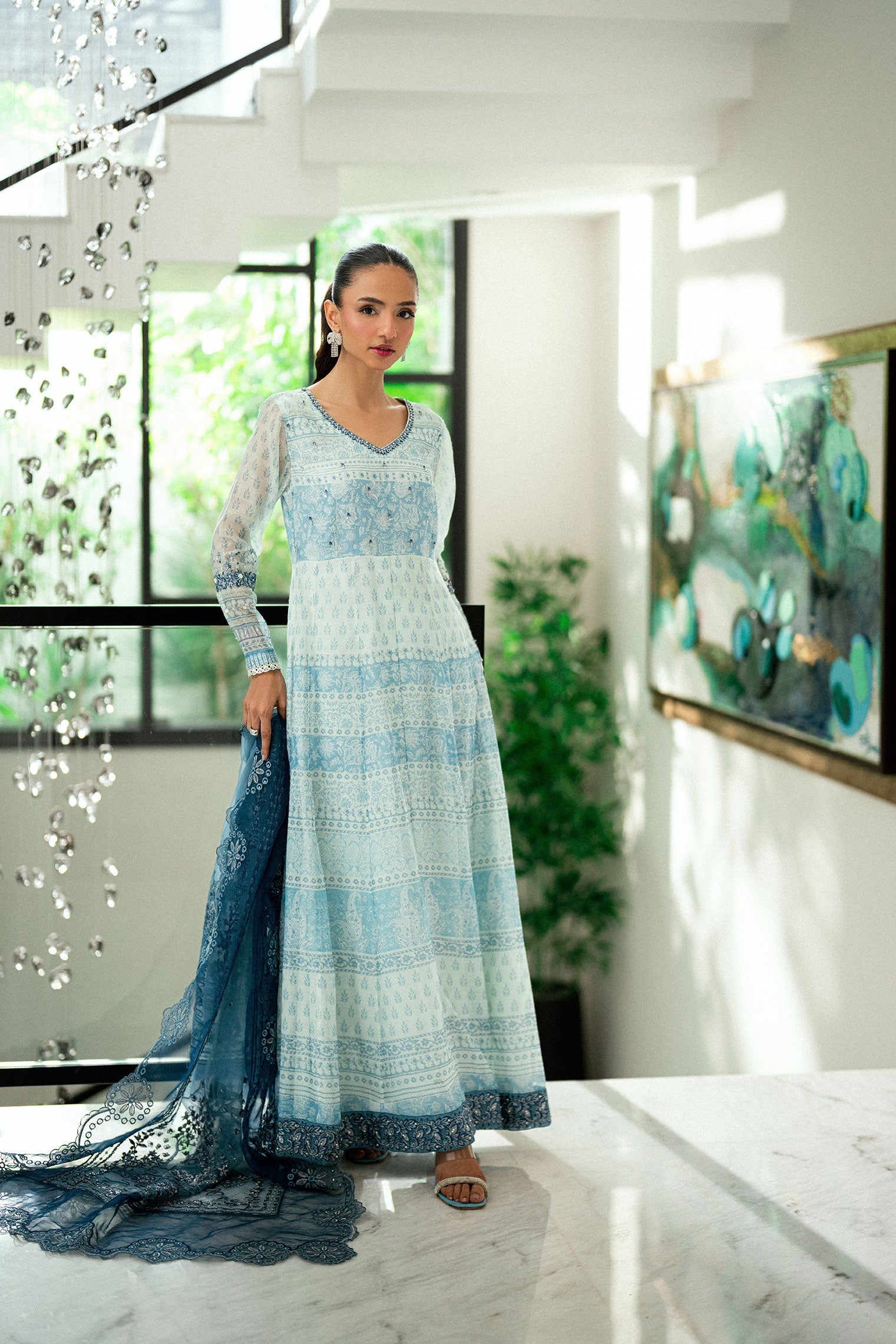 Dhanak | Signature Pret | SKY BLUE 2PCS EMBROIDERED PISHWAS WITH TROUSER - House Of Hania