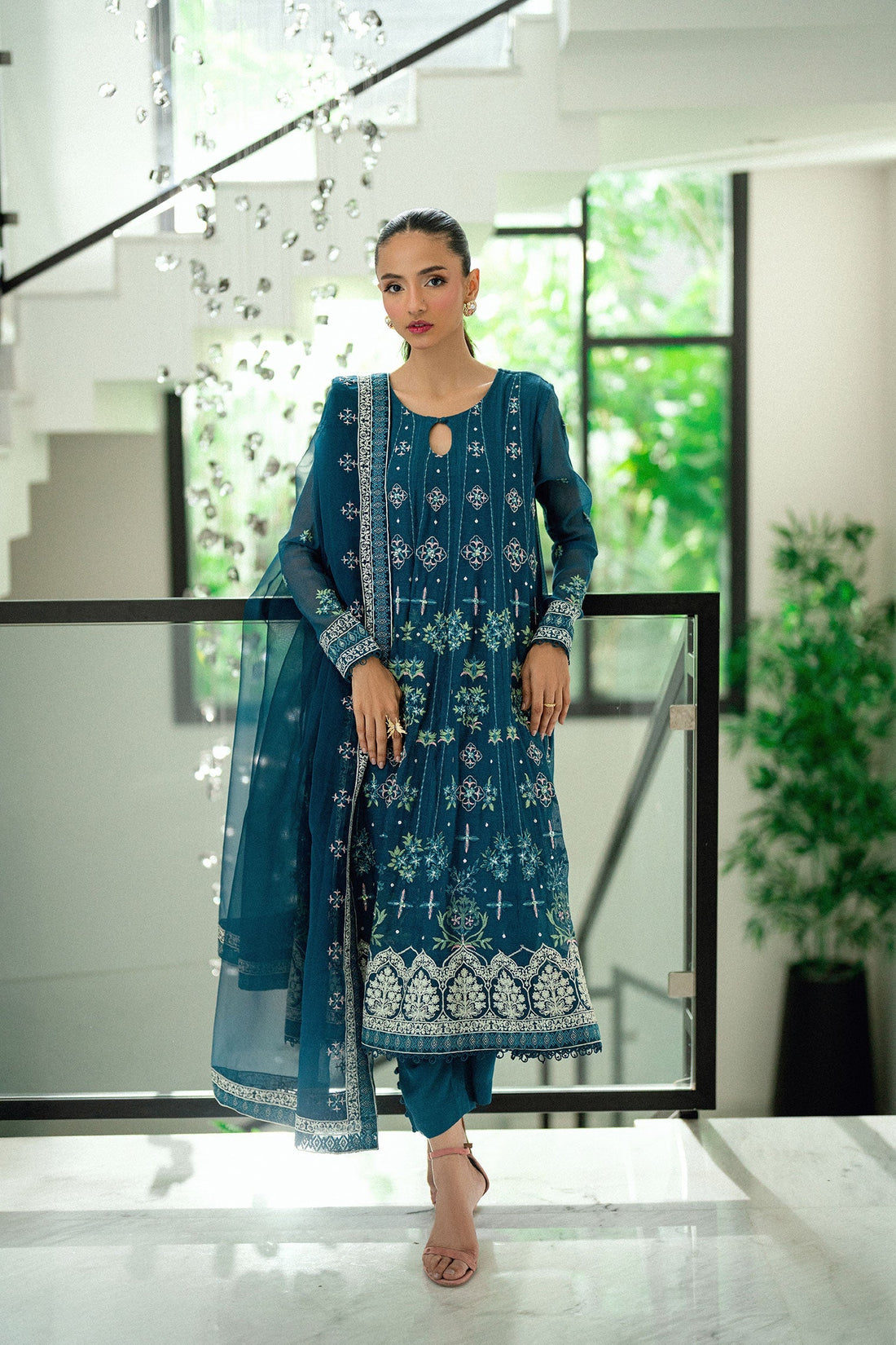 Dhanak | Signature Pret | TURQUOISE BLUE 2PCS EMBROIDERED PISHWAS WITH TROUSER - House Of Hania