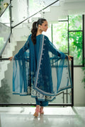 Dhanak | Signature Pret | TURQUOISE BLUE 2PCS EMBROIDERED PISHWAS WITH TROUSER - House Of Hania