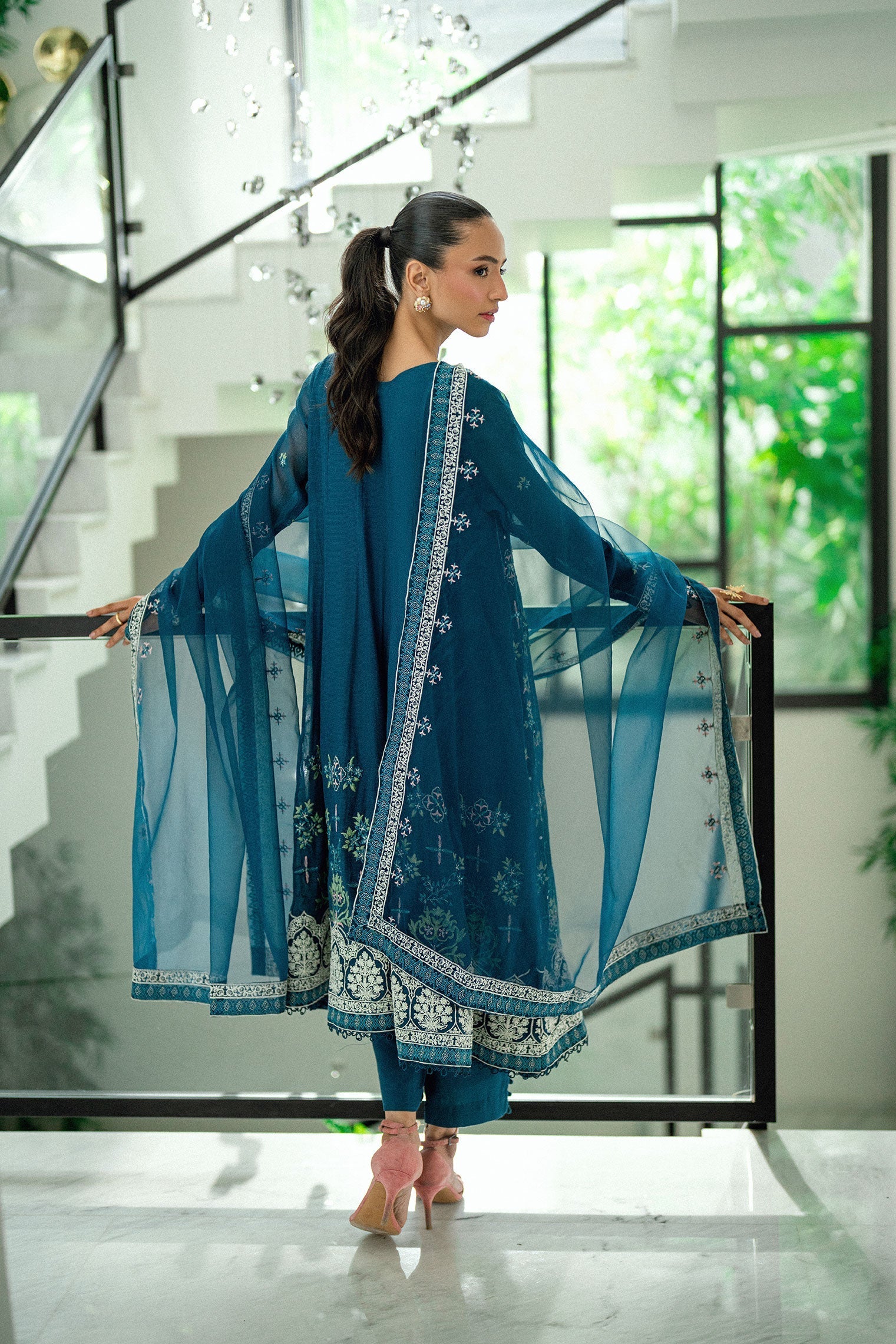 Dhanak | Signature Pret | TURQUOISE BLUE 2PCS EMBROIDERED PISHWAS WITH TROUSER - House Of Hania
