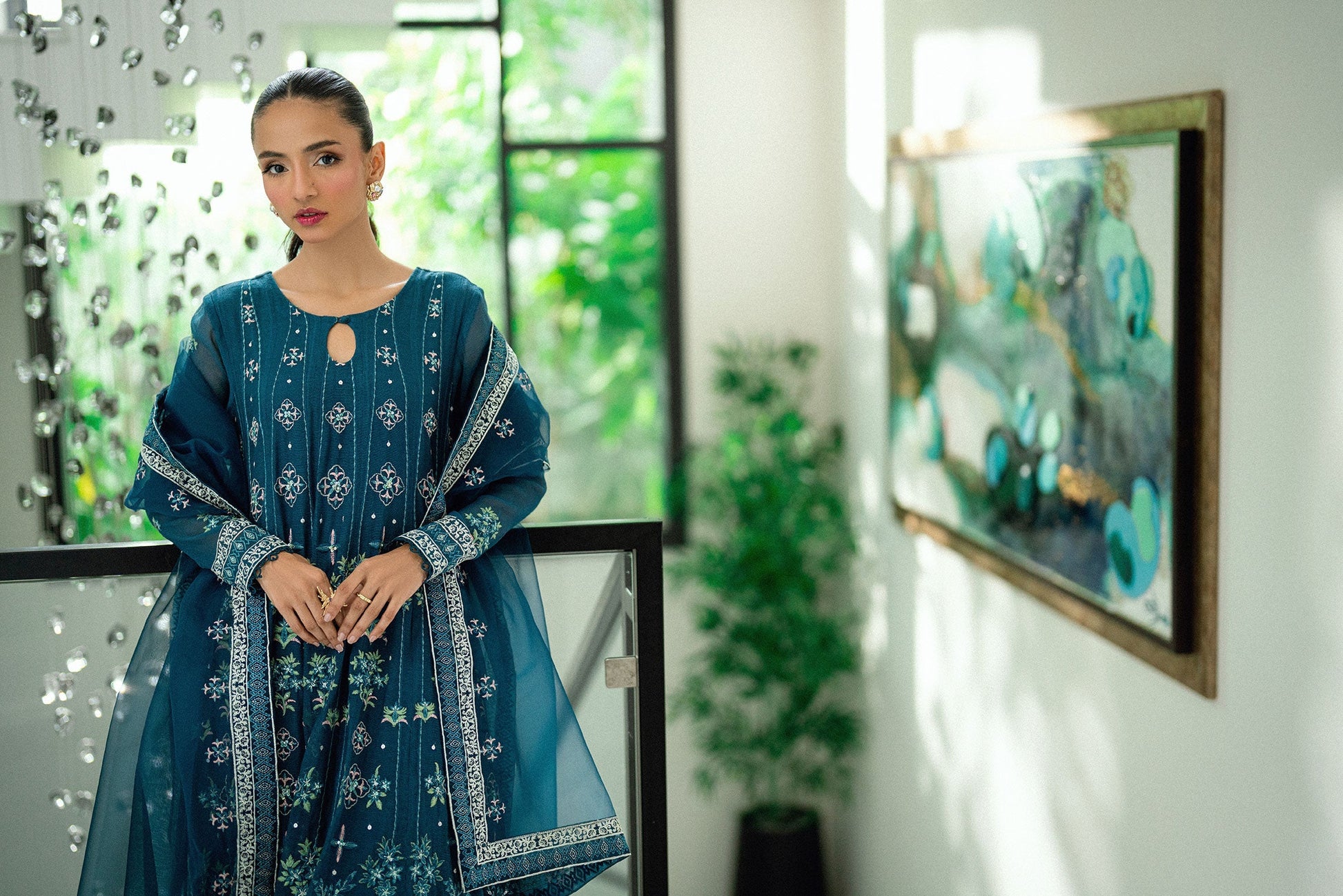 Dhanak | Signature Pret | TURQUOISE BLUE 2PCS EMBROIDERED PISHWAS WITH TROUSER - House Of Hania