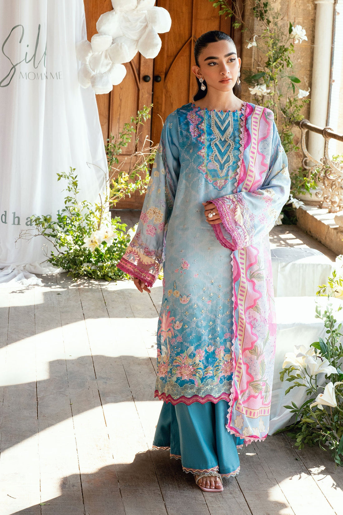 Dhanak | Silk Pret | BLUE 2PCS HAND EMBELLISHED KURTA WITH TROUSER - House Of Hania