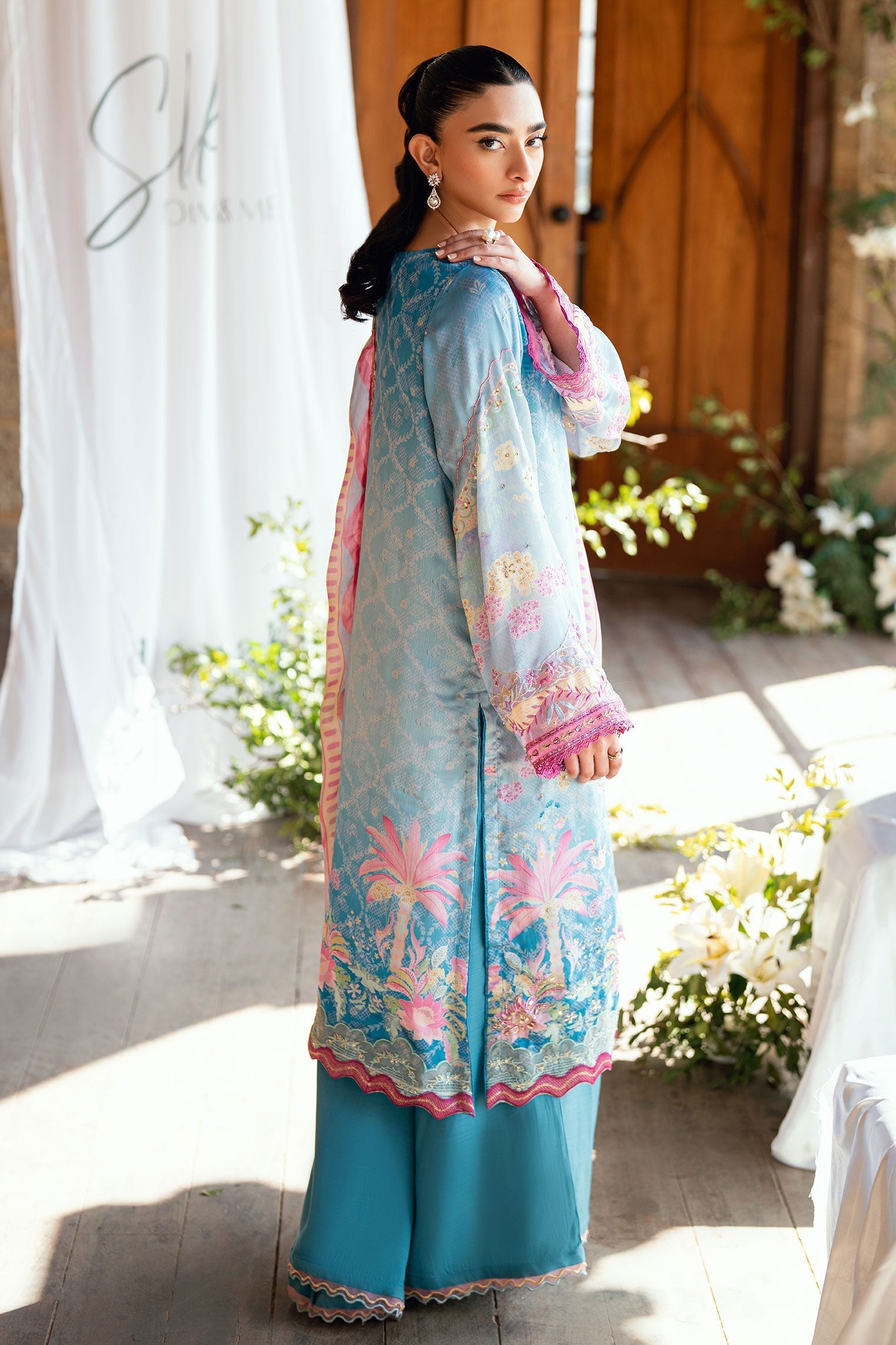 Dhanak | Silk Pret | BLUE 2PCS HAND EMBELLISHED KURTA WITH TROUSER - House Of Hania