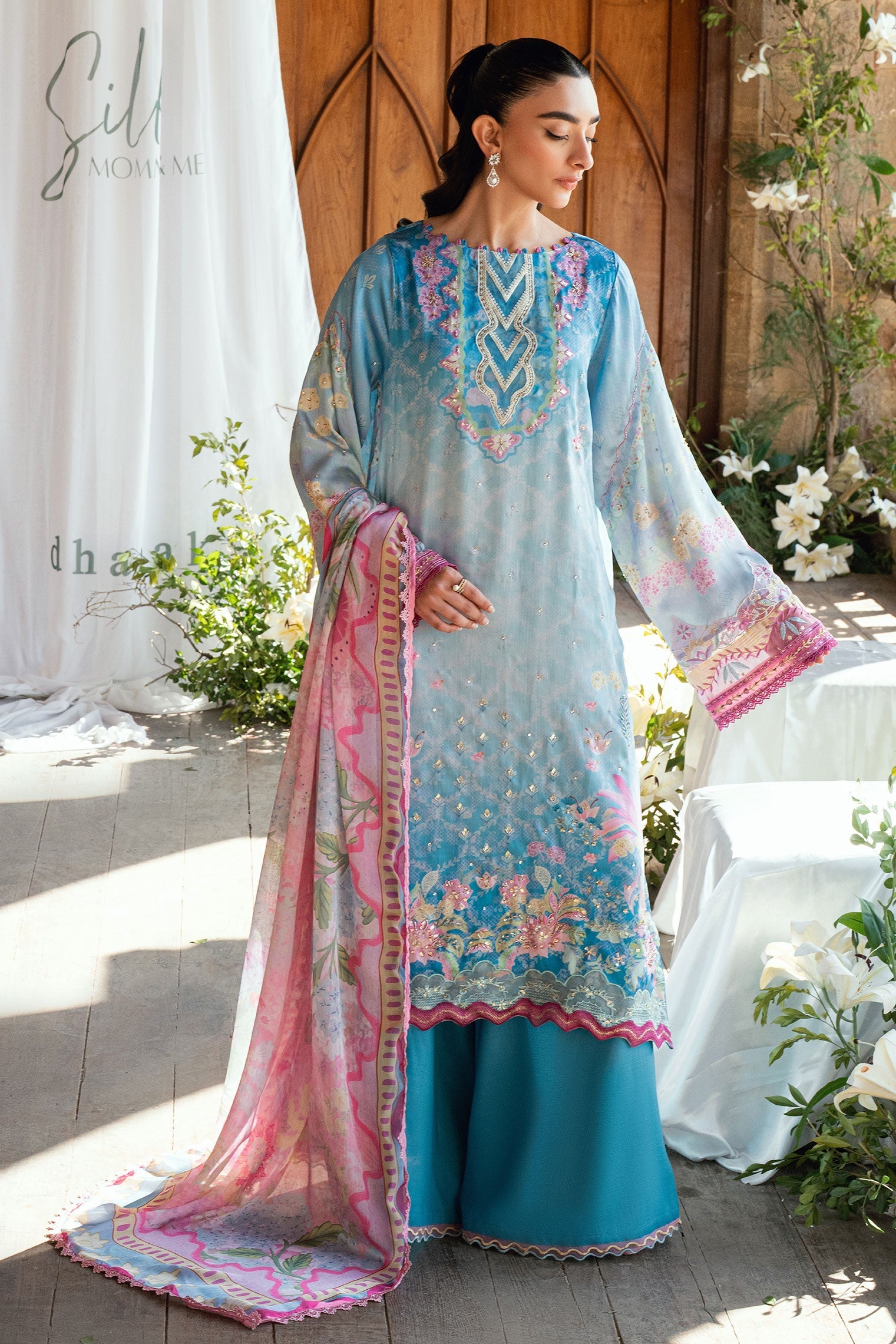 Dhanak | Silk Pret | BLUE 2PCS HAND EMBELLISHED KURTA WITH TROUSER - House Of Hania