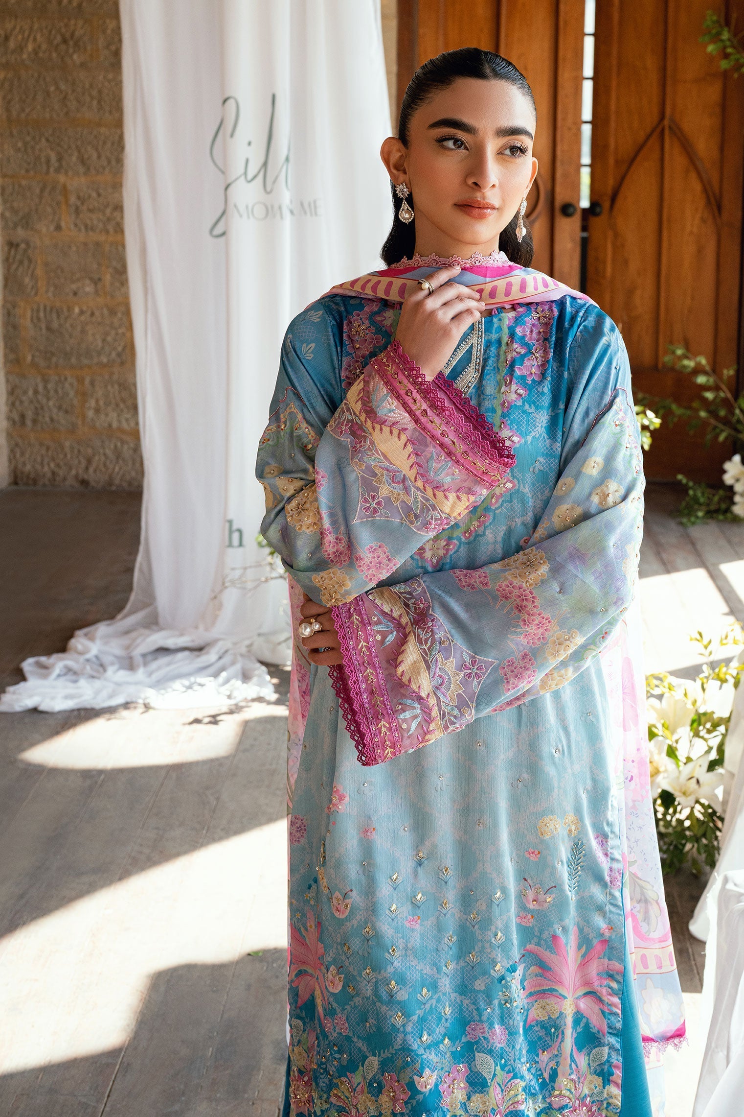 Dhanak | Silk Pret | BLUE 2PCS HAND EMBELLISHED KURTA WITH TROUSER - House Of Hania