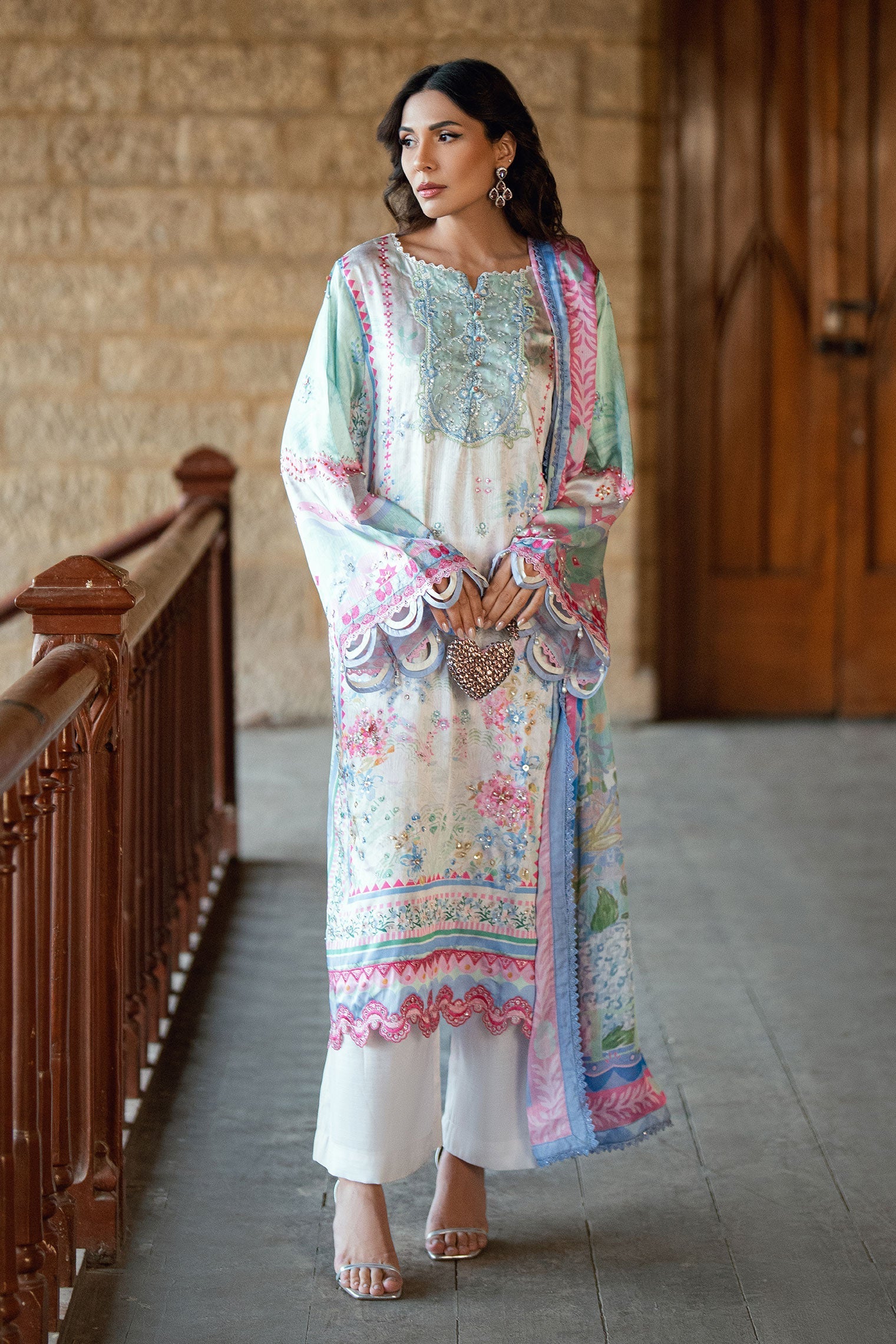 Dhanak | Silk Pret | L-GREEN 2PCS HAND EMBELLISHED KURTA WITH TROUSER - House Of Hania