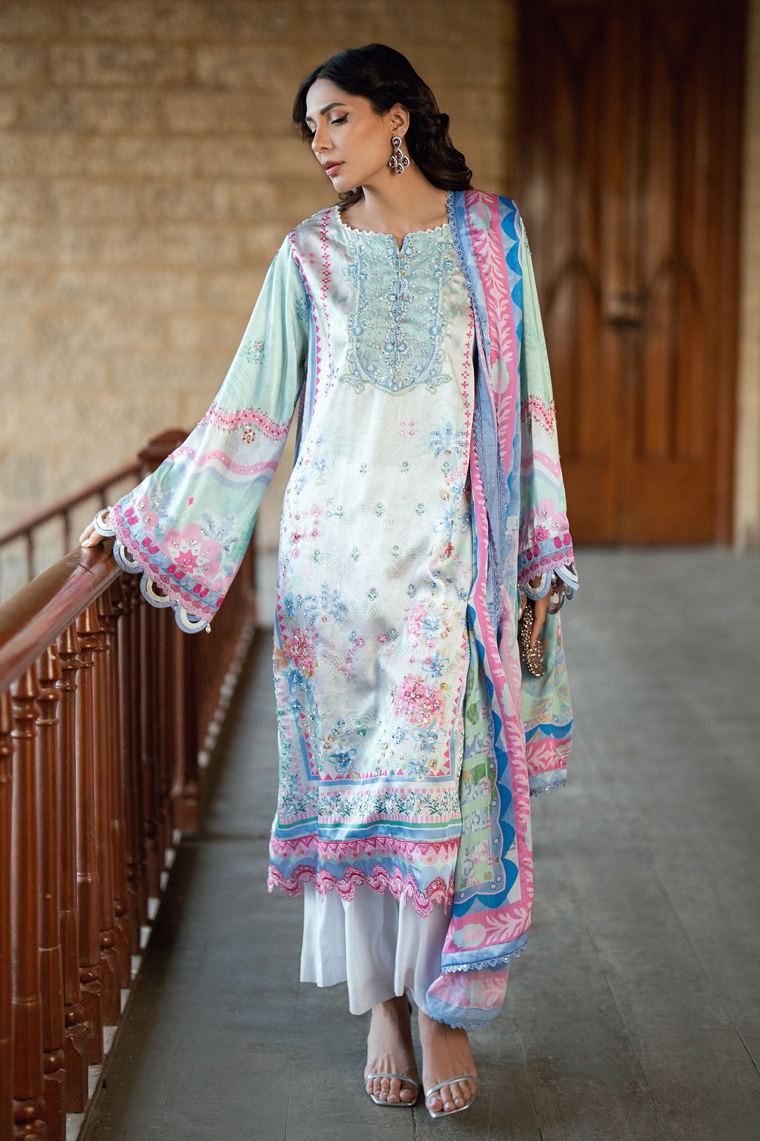 Dhanak | Silk Pret | L-GREEN 2PCS HAND EMBELLISHED KURTA WITH TROUSER - House Of Hania