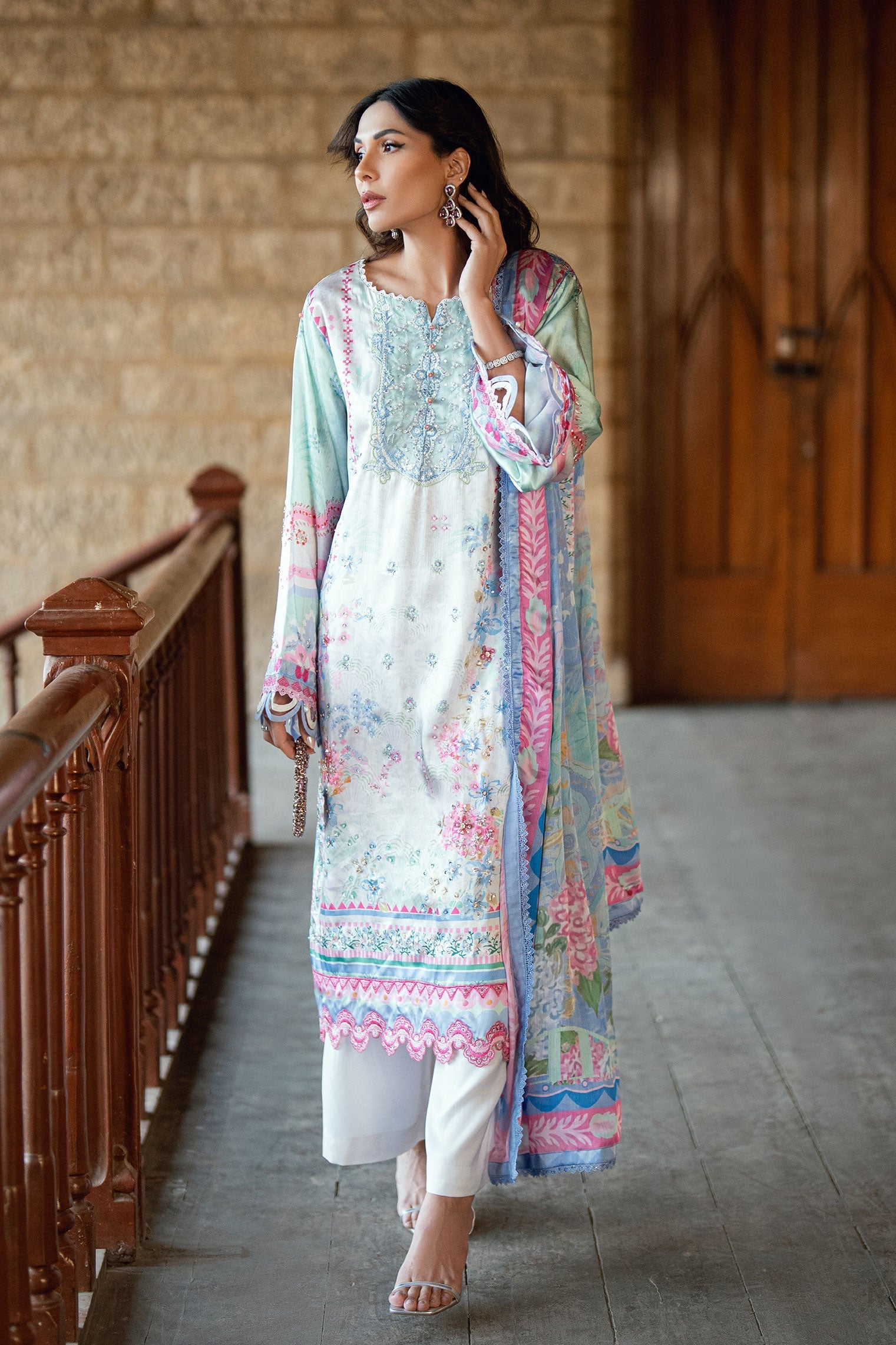 Dhanak | Silk Pret | L-GREEN 2PCS HAND EMBELLISHED KURTA WITH TROUSER - House Of Hania