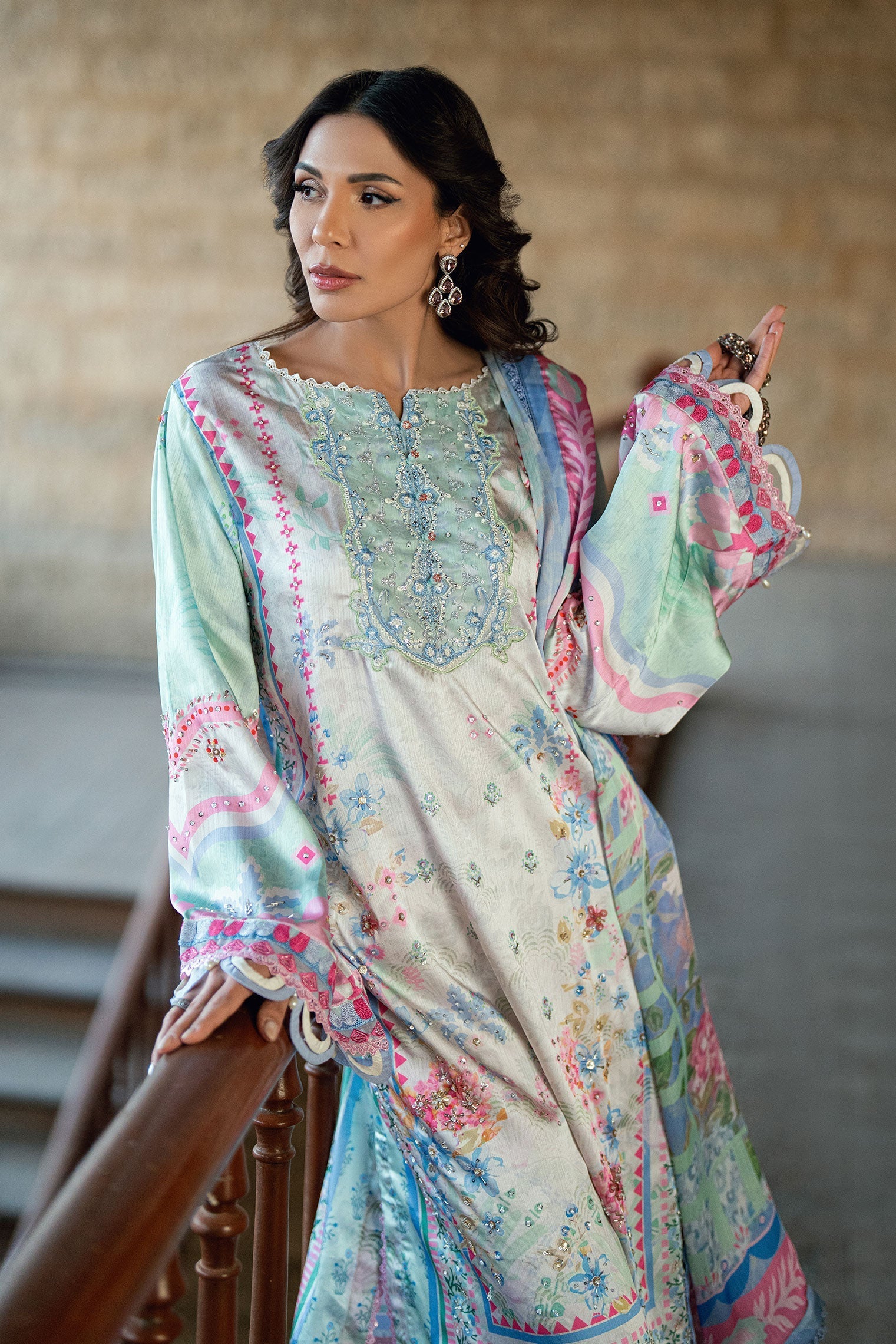 Dhanak | Silk Pret | L-GREEN 2PCS HAND EMBELLISHED KURTA WITH TROUSER - House Of Hania