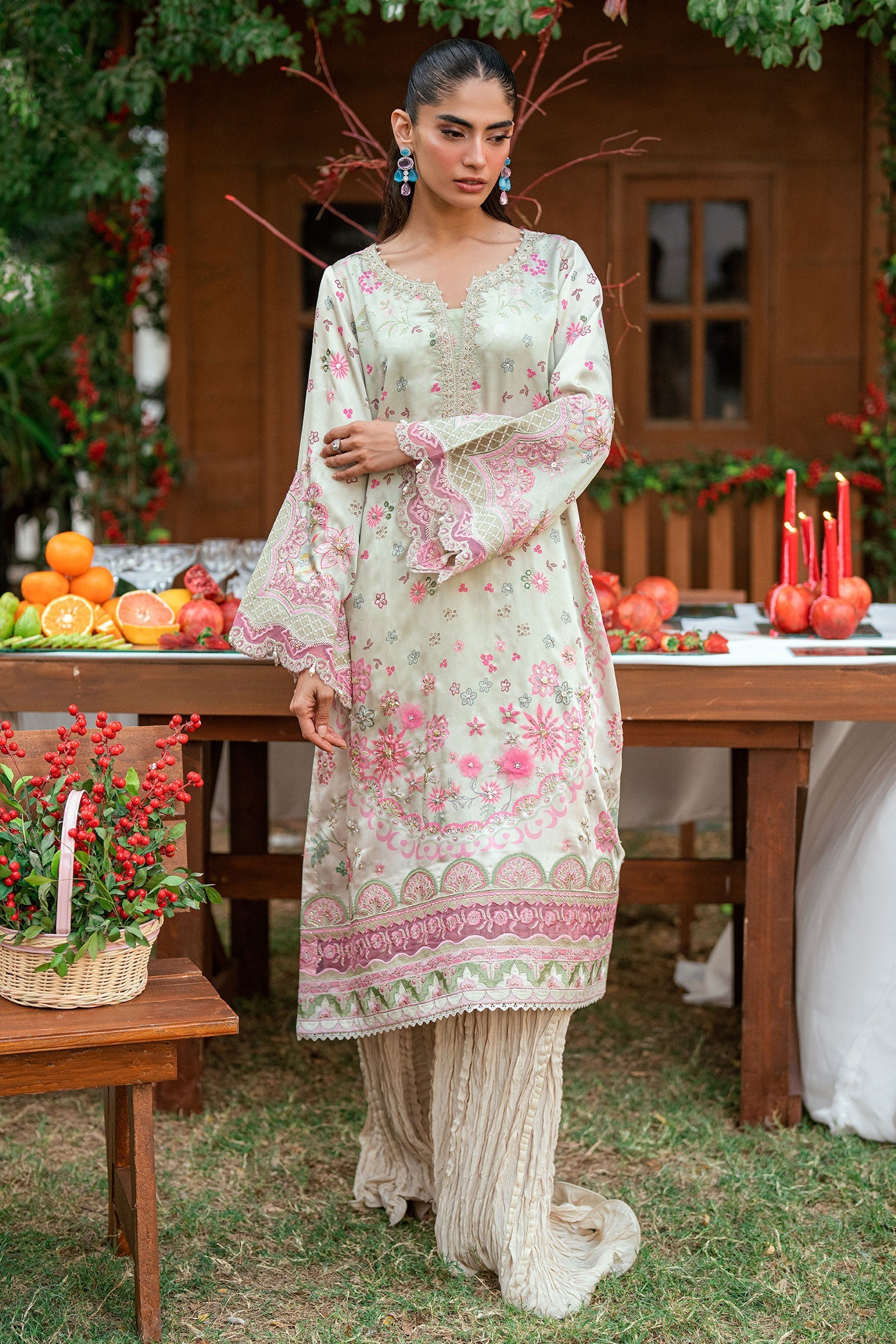 Dhanak | Silk Pret | L-GREEN -SILK TUNIC- 2PCS HAND EMBELLISHED SHIRT WITH TROUSER - House Of Hania