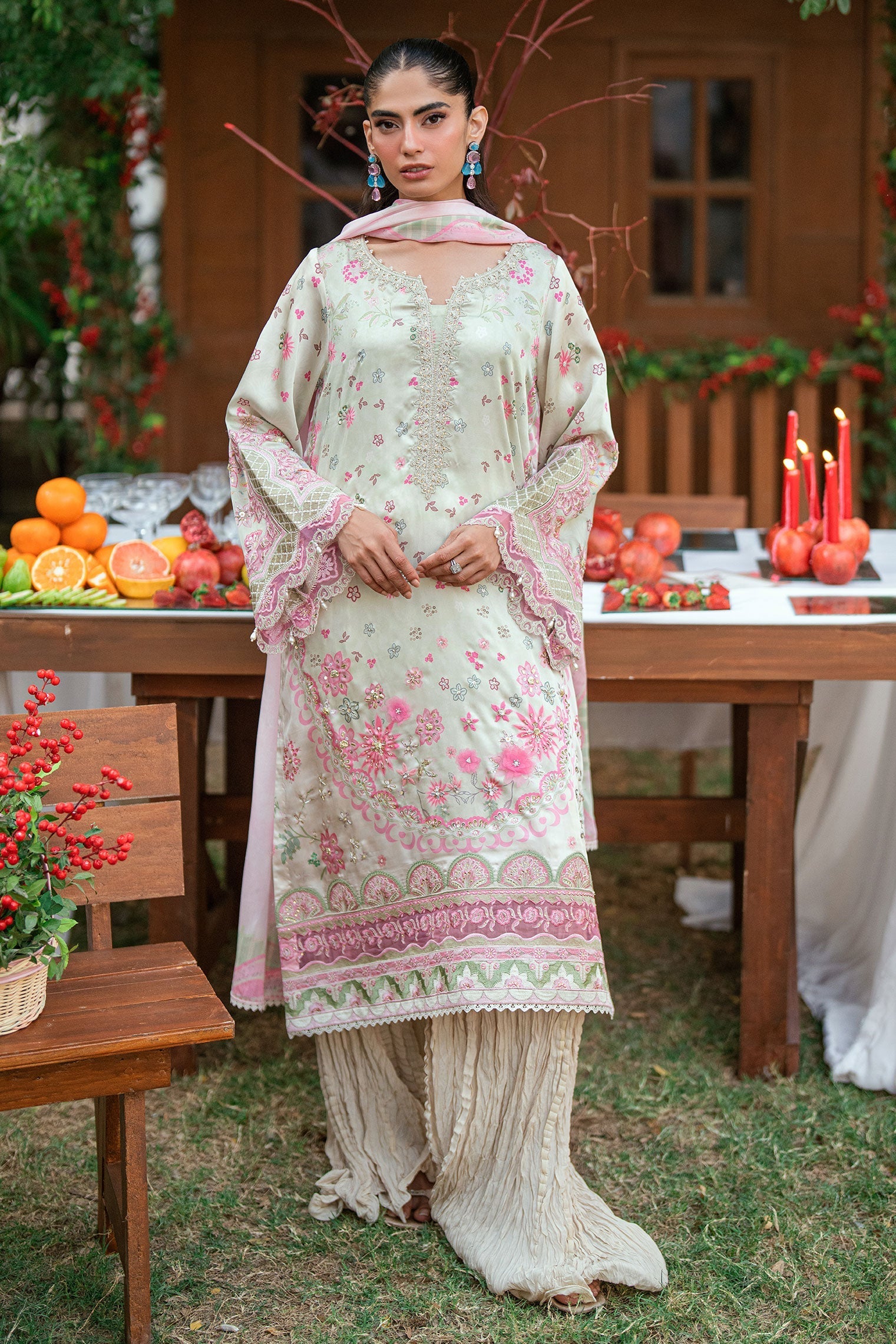 Dhanak | Silk Pret | L-GREEN -SILK TUNIC- 2PCS HAND EMBELLISHED SHIRT WITH TROUSER - House Of Hania