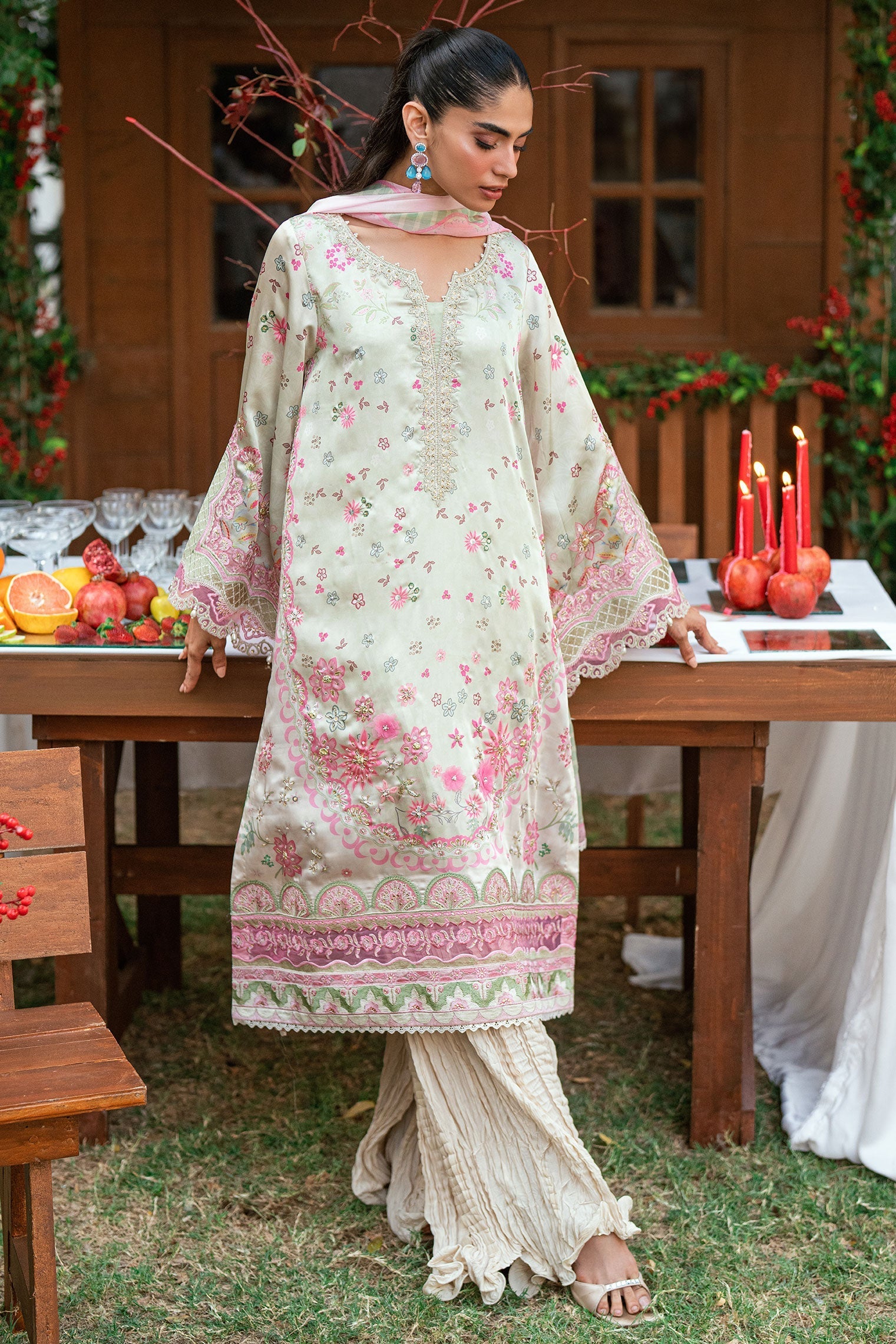 Dhanak | Silk Pret | L-GREEN -SILK TUNIC- 2PCS HAND EMBELLISHED SHIRT WITH TROUSER - House Of Hania