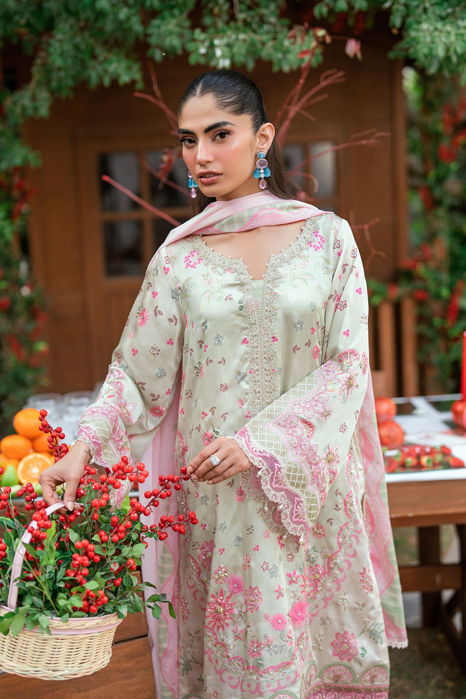 Dhanak | Silk Pret | L-GREEN -SILK TUNIC- 2PCS HAND EMBELLISHED SHIRT WITH TROUSER - House Of Hania