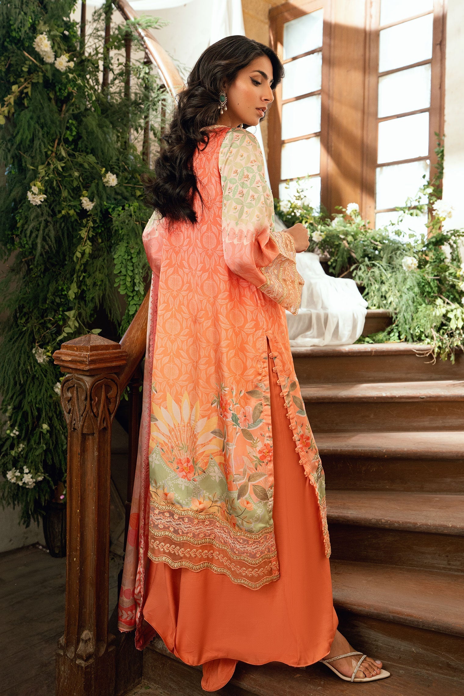 Dhanak | Silk Pret | ORANGE 2PCS HAND EMBELLISHED KURTA WITH TROUSER - House Of Hania