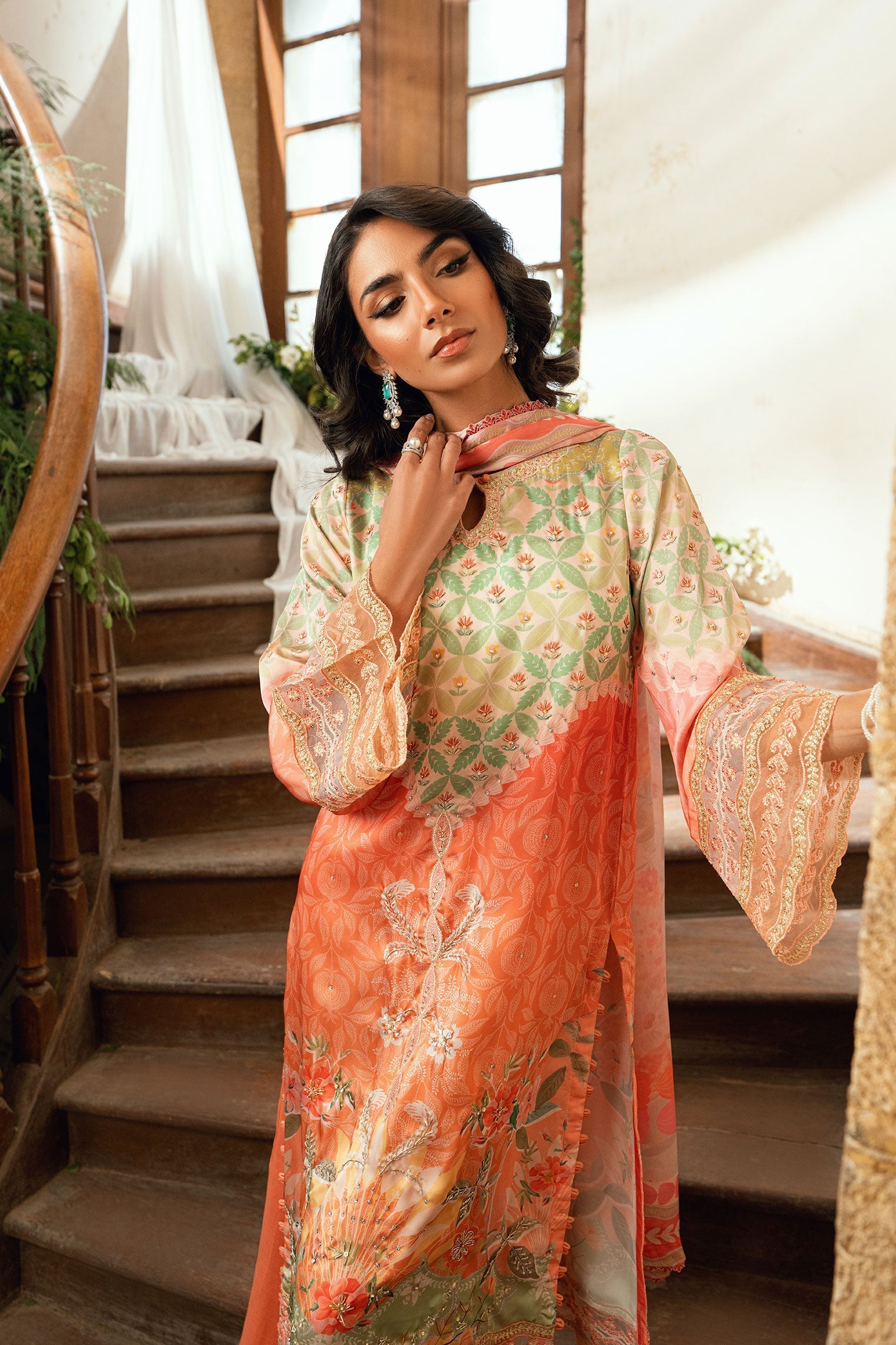 Dhanak | Silk Pret | ORANGE 2PCS HAND EMBELLISHED KURTA WITH TROUSER - House Of Hania