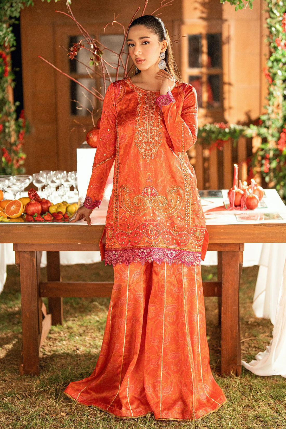Dhanak | Silk Pret | ORANGE -SILK TUNIC- 2PCS HAND EMBELLISHED SHIRT WITH TROUSER - House Of Hania