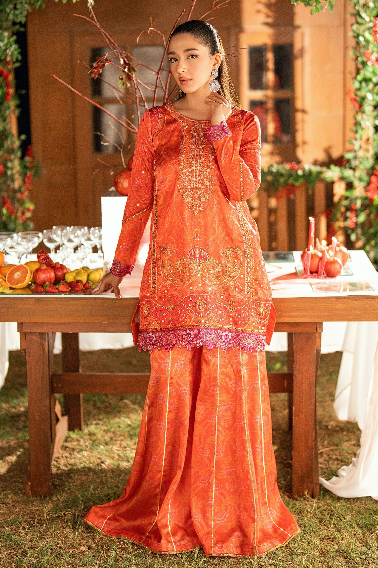 Dhanak | Silk Pret | ORANGE -SILK TUNIC- 2PCS HAND EMBELLISHED SHIRT WITH TROUSER - House Of Hania