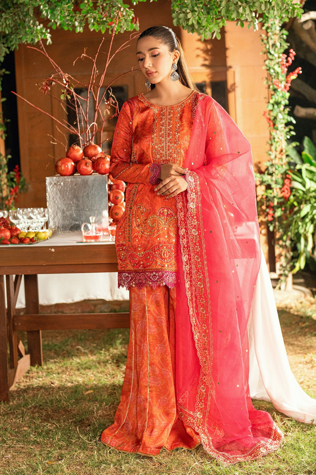 Dhanak | Silk Pret | ORANGE -SILK TUNIC- 2PCS HAND EMBELLISHED SHIRT WITH TROUSER - House Of Hania