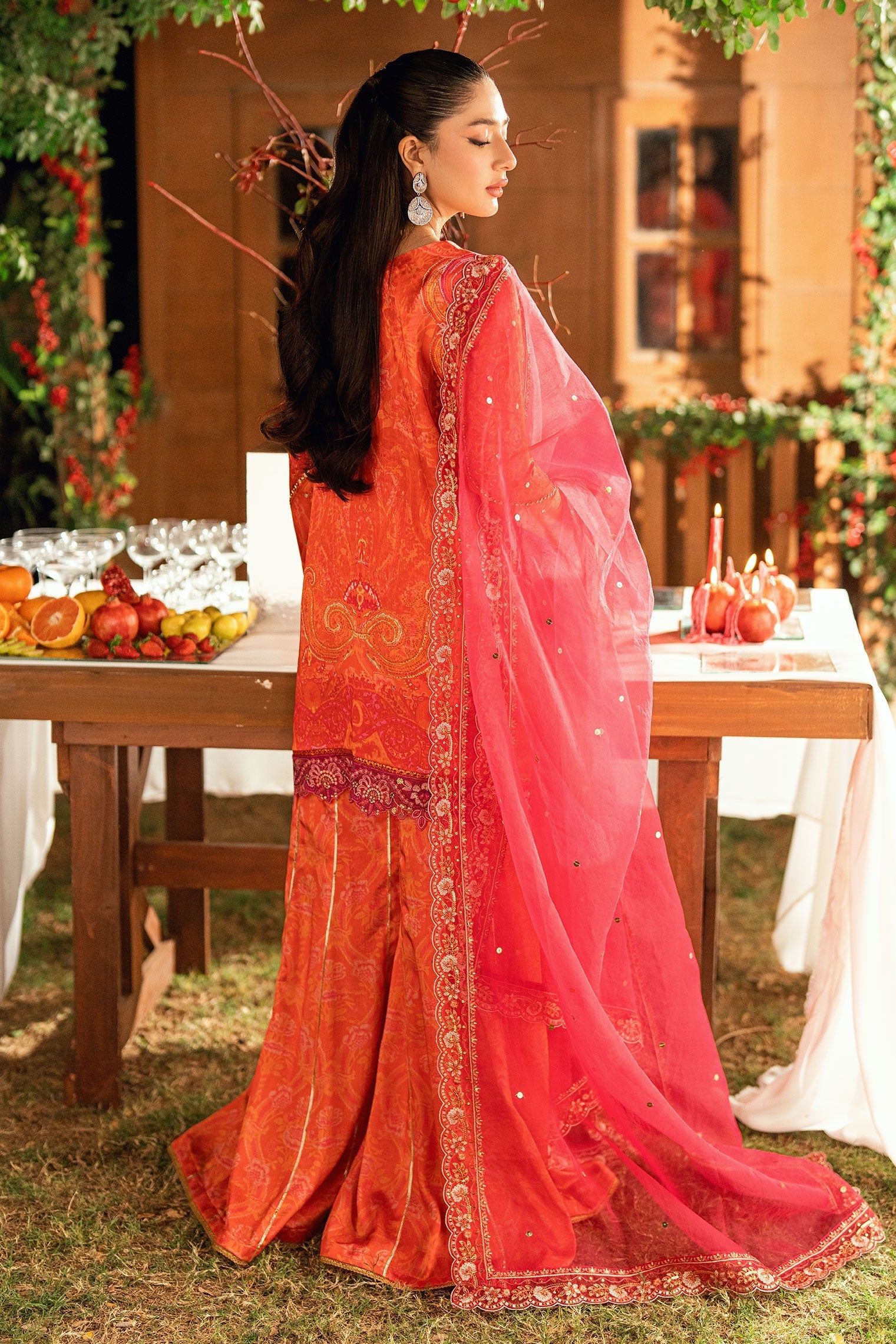 Dhanak | Silk Pret | ORANGE -SILK TUNIC- 2PCS HAND EMBELLISHED SHIRT WITH TROUSER - House Of Hania