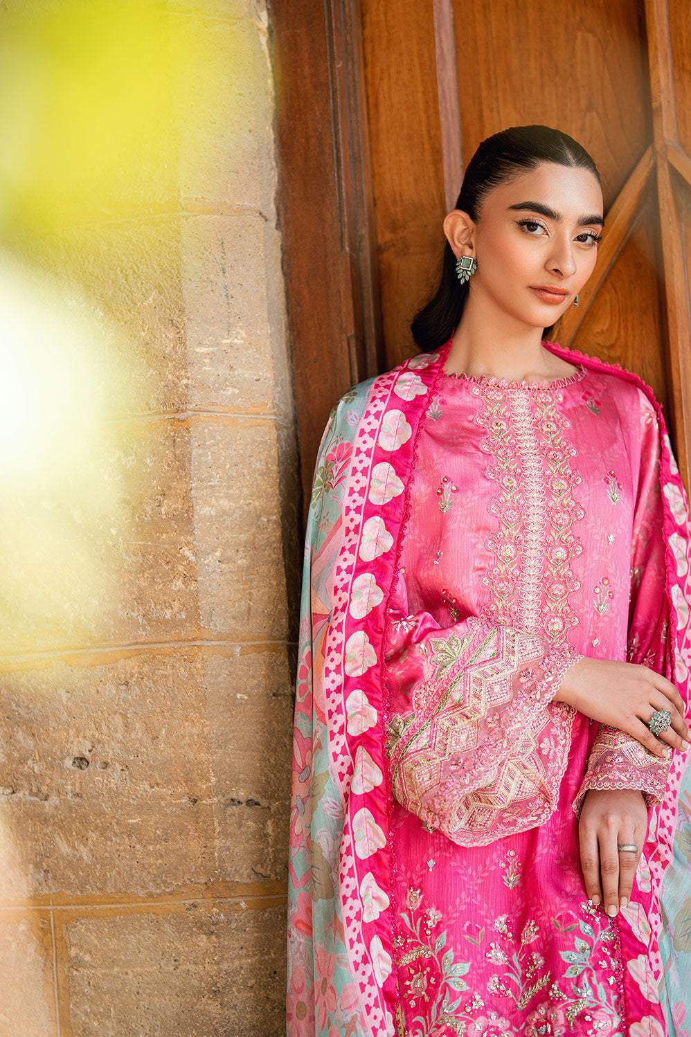 Dhanak | Silk Pret | PINK 2PCS HAND EMBELLISHED KURTA WITH TROUSER - House Of Hania