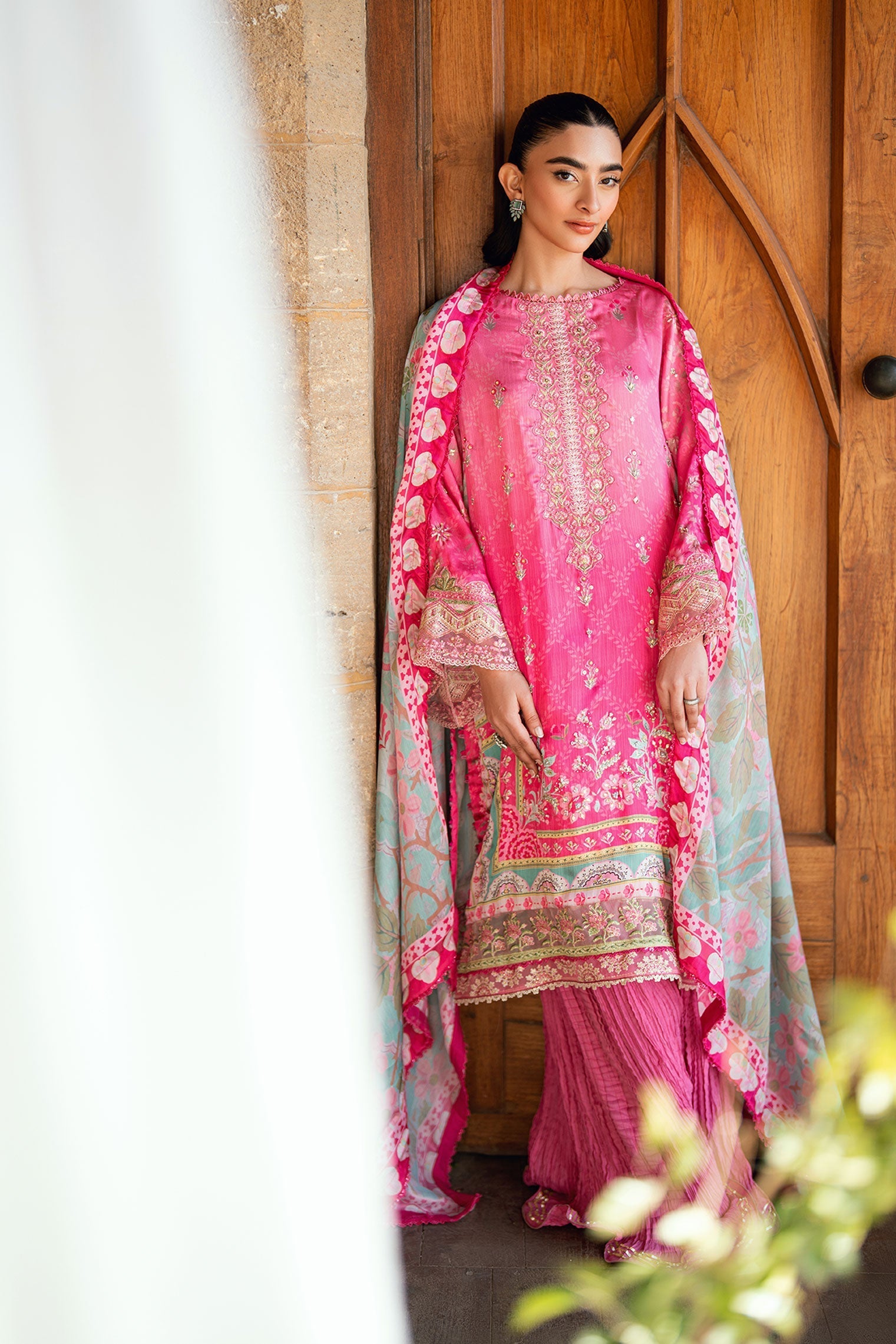 Dhanak | Silk Pret | PINK 2PCS HAND EMBELLISHED KURTA WITH TROUSER - House Of Hania