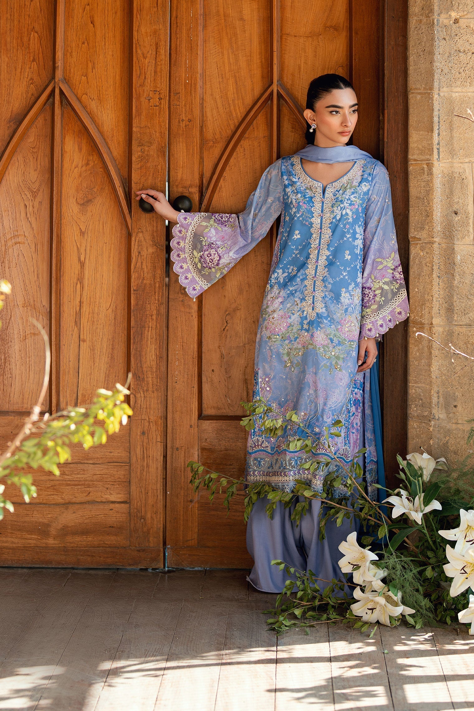 Dhanak | Silk Pret | PURPLE 2PCS HAND EMBELLISHED KURTA WITH TROUSER - House Of Hania