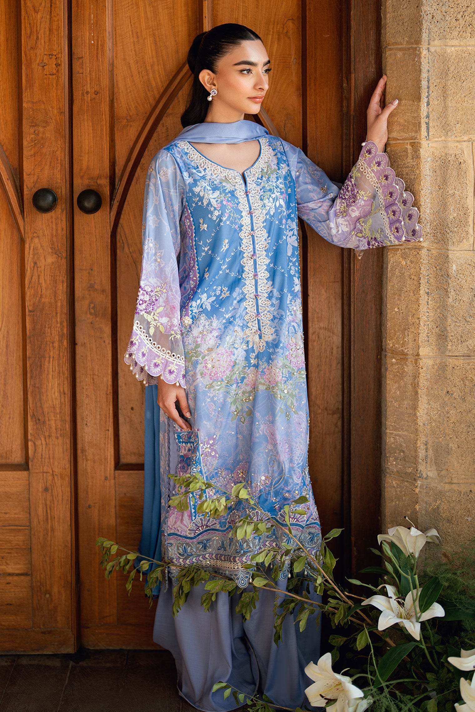 Dhanak | Silk Pret | PURPLE 2PCS HAND EMBELLISHED KURTA WITH TROUSER - House Of Hania