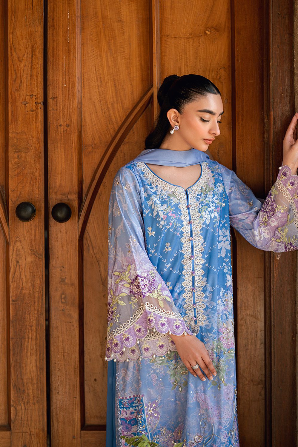 Dhanak | Silk Pret | PURPLE 2PCS HAND EMBELLISHED KURTA WITH TROUSER - House Of Hania