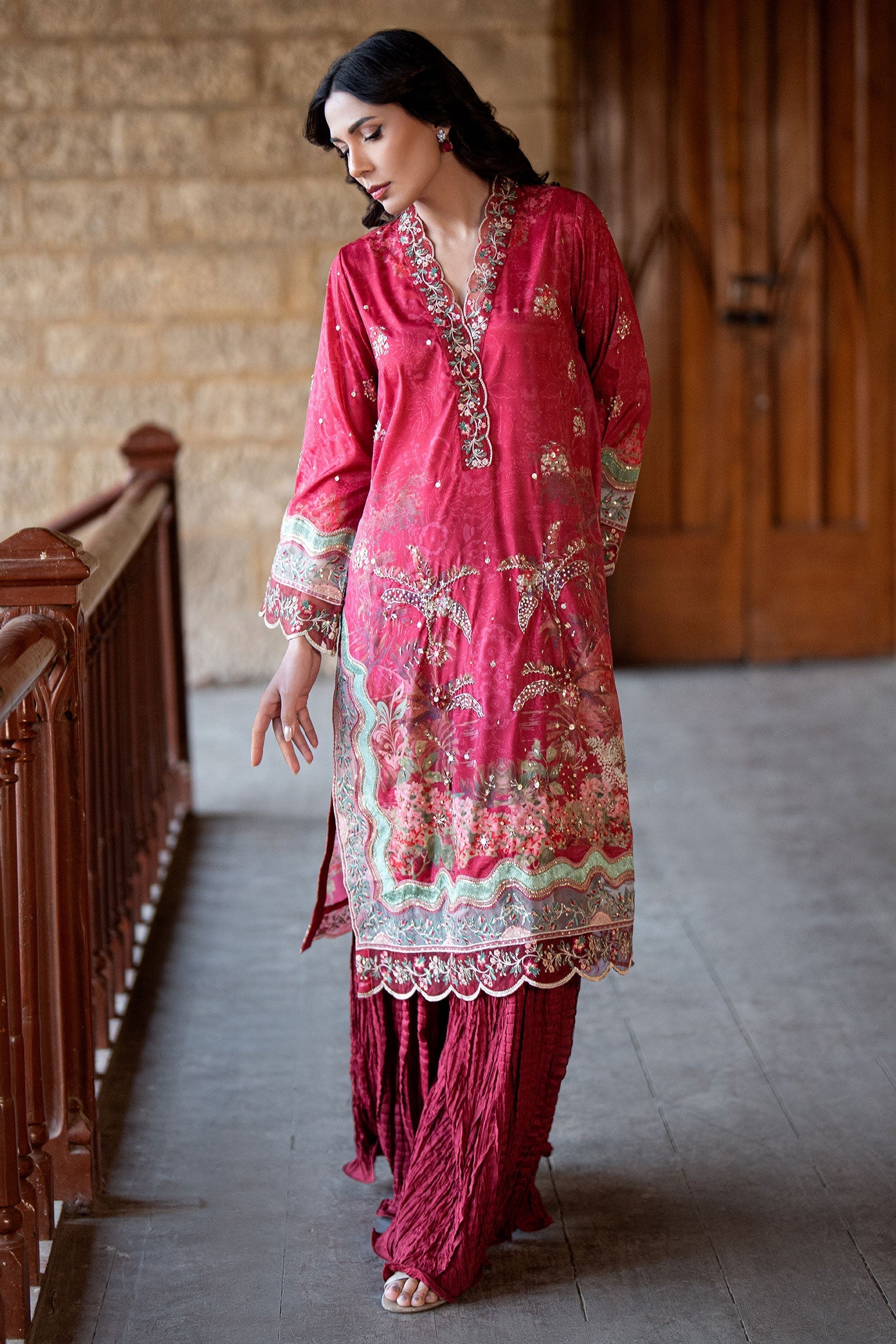 Dhanak | Silk Pret | RED 2PCS HAND EMBELLISHED KURTA WITH TROUSER - House Of Hania