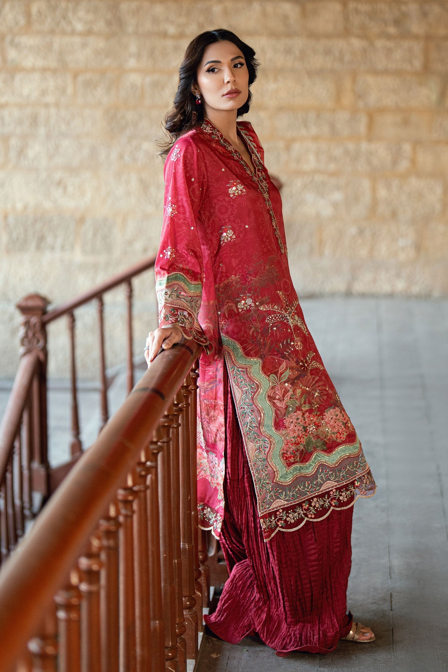 Dhanak | Silk Pret | RED 2PCS HAND EMBELLISHED KURTA WITH TROUSER - House Of Hania