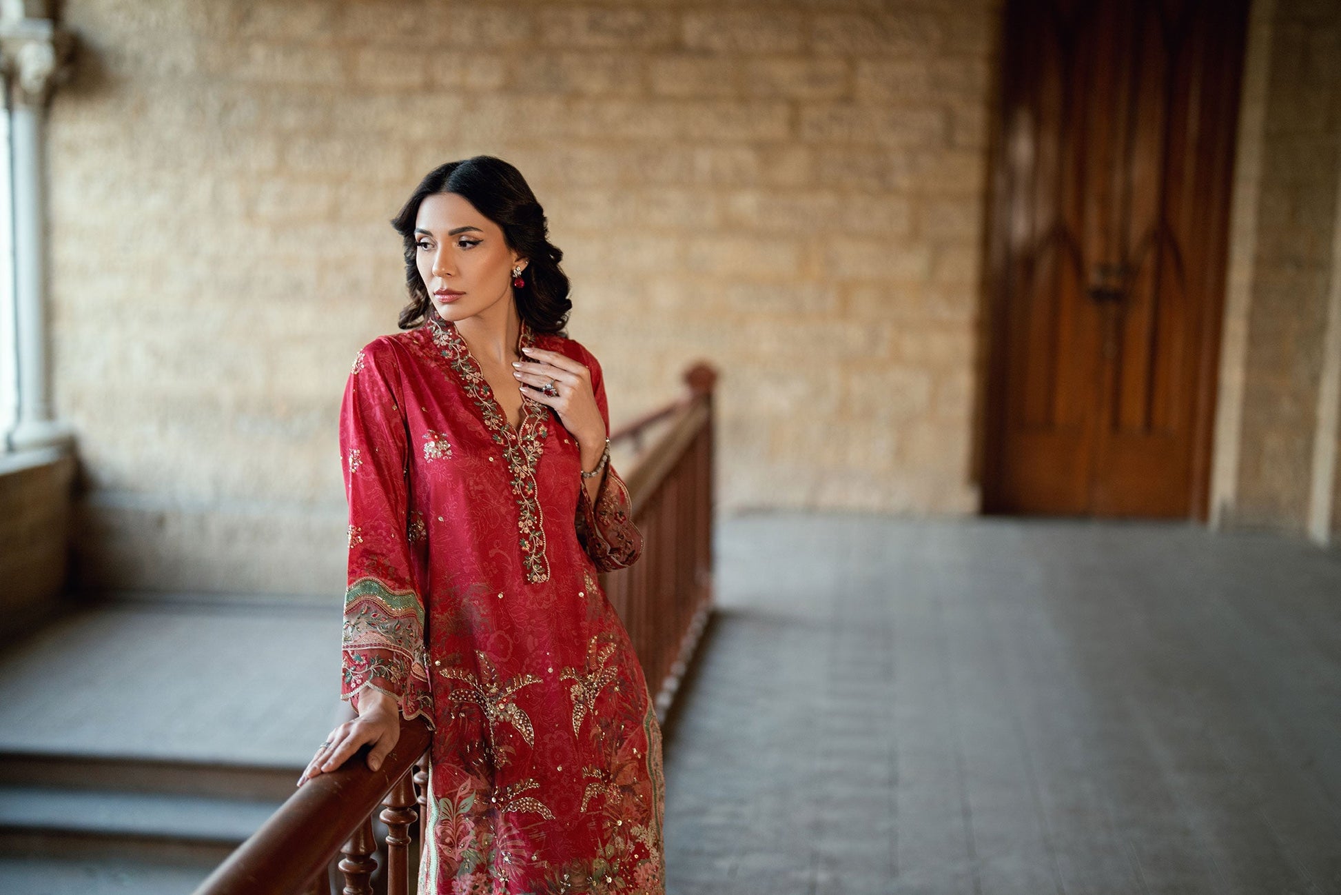Dhanak | Silk Pret | RED 2PCS HAND EMBELLISHED KURTA WITH TROUSER - House Of Hania