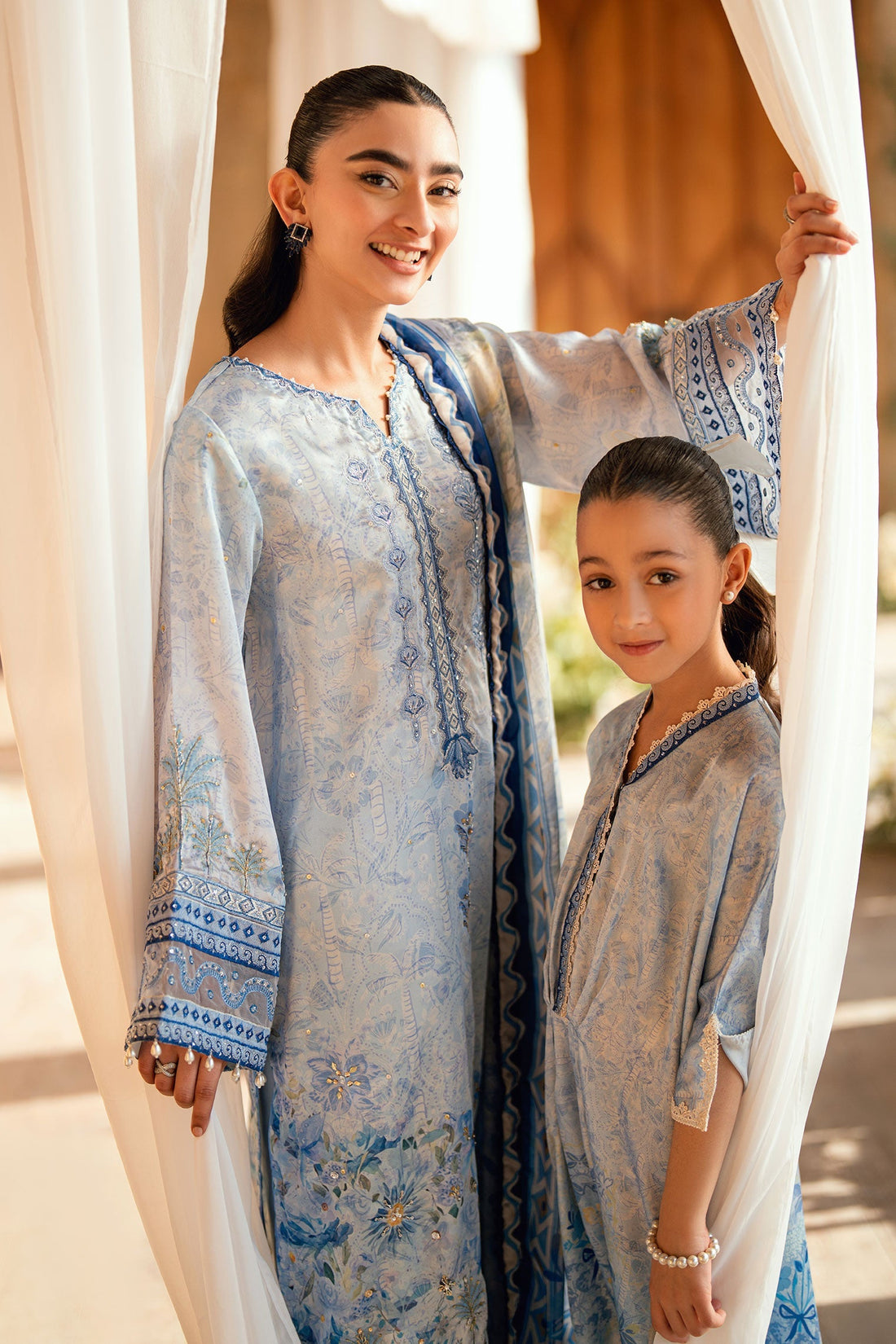 Dhanak | Silk Pret | SKY BLUE 2PCS HAND EMBELLISHED KURTA WITH TROUSER - House Of Hania