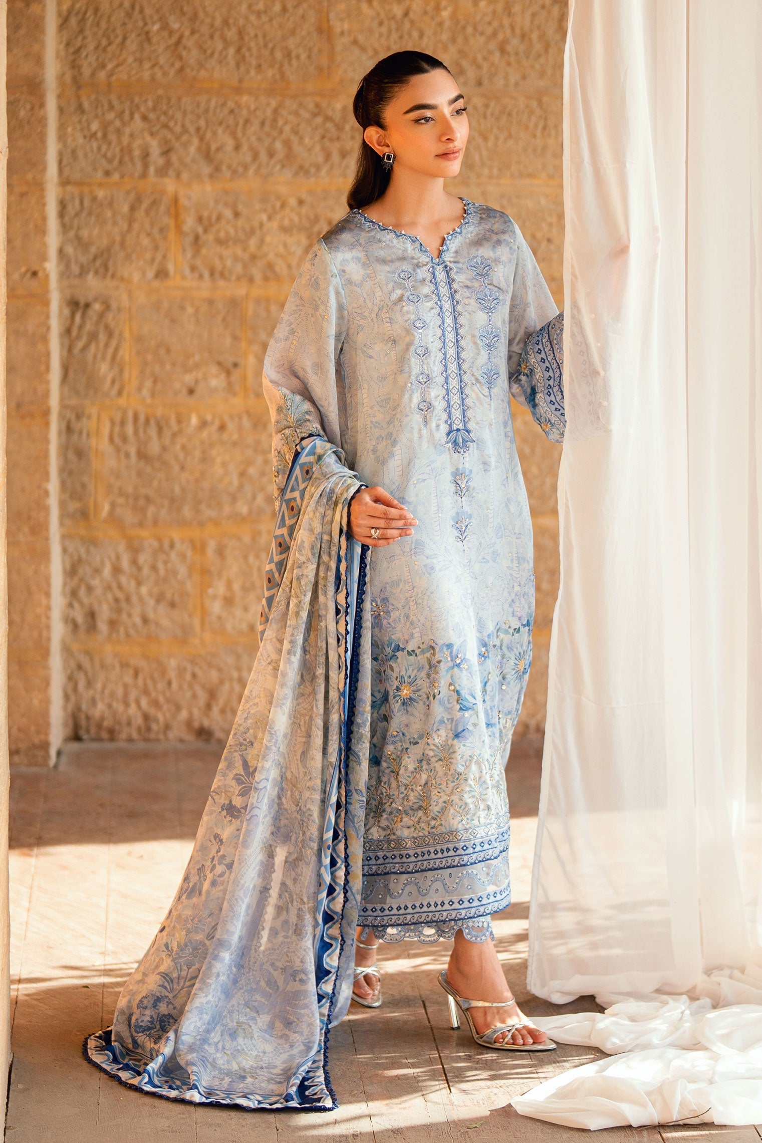 Dhanak | Silk Pret | SKY BLUE 2PCS HAND EMBELLISHED KURTA WITH TROUSER - House Of Hania