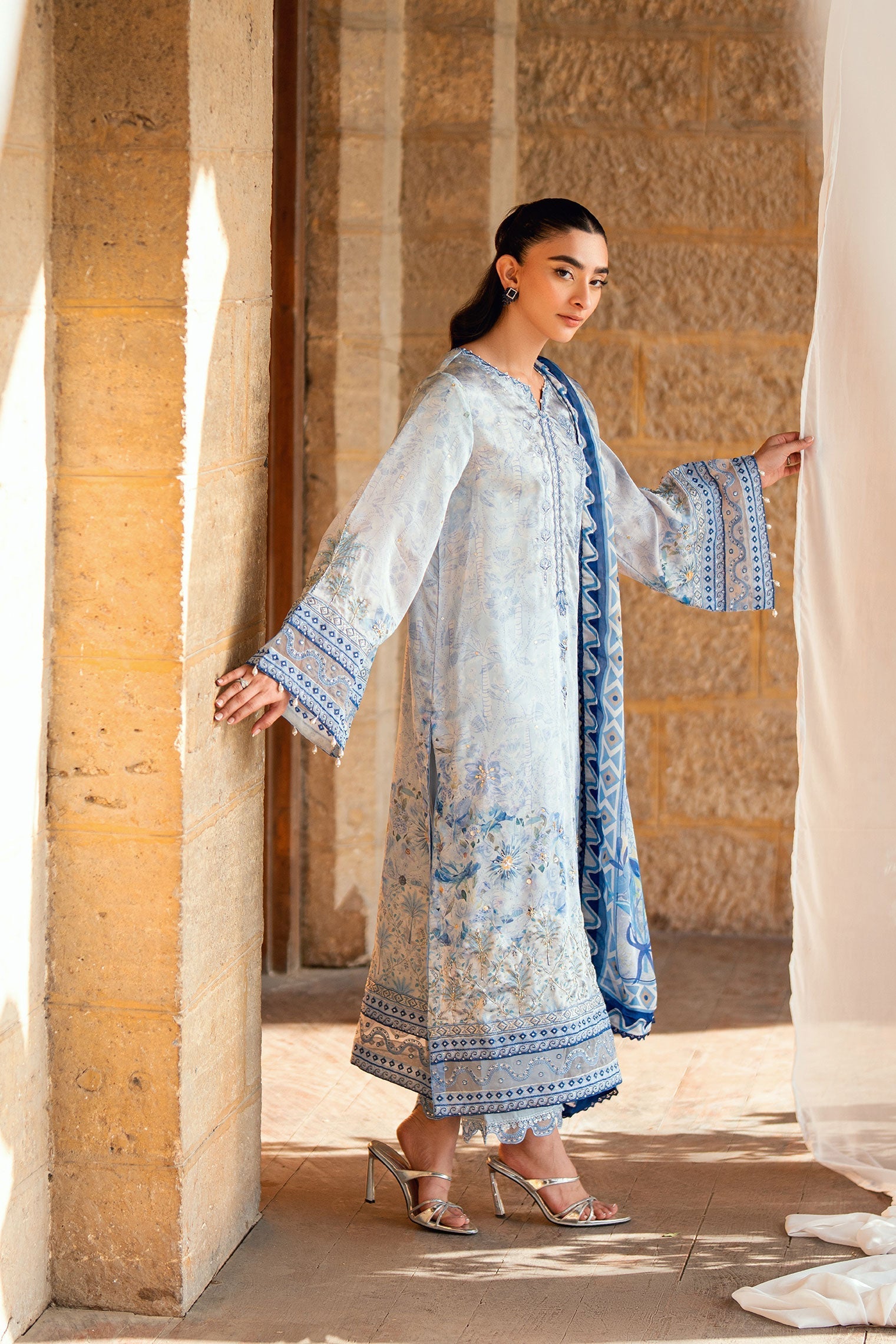 Dhanak | Silk Pret | SKY BLUE 2PCS HAND EMBELLISHED KURTA WITH TROUSER - House Of Hania