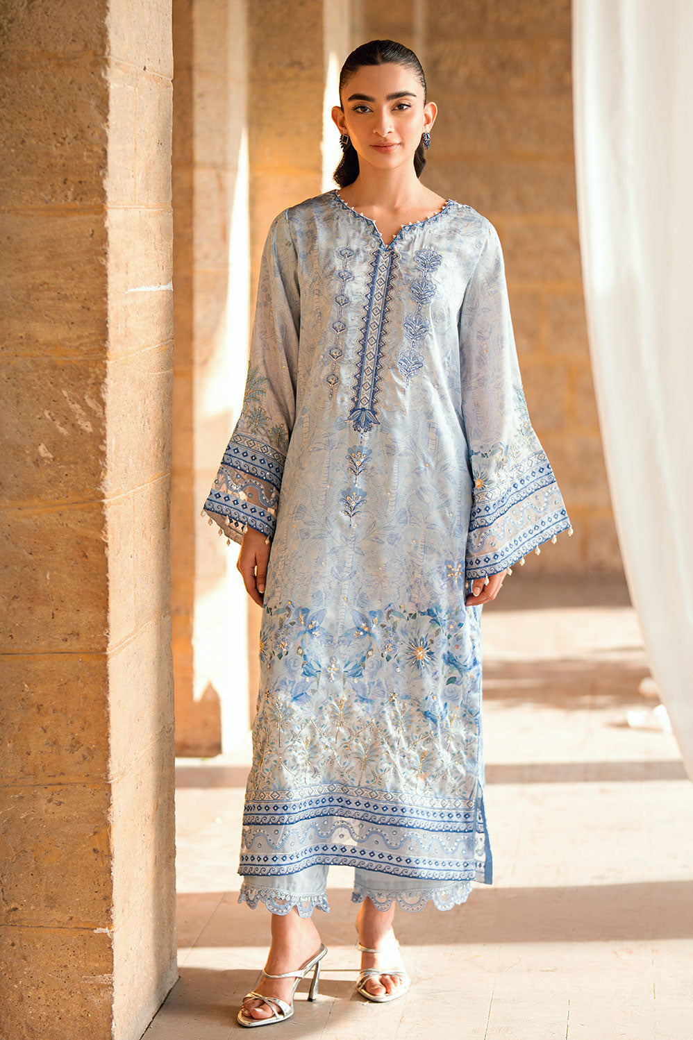 Dhanak | Silk Pret | SKY BLUE 2PCS HAND EMBELLISHED KURTA WITH TROUSER - House Of Hania