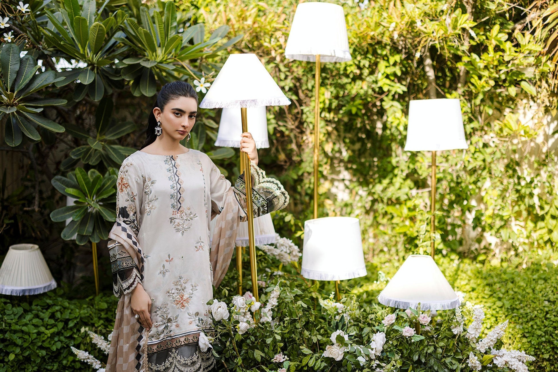 Dhanak | Silk Pret | Silk Tunic - 2PCS HAND EMBELLISHED SHIRT WITH TROUSER- BEIGE - House Of Hania