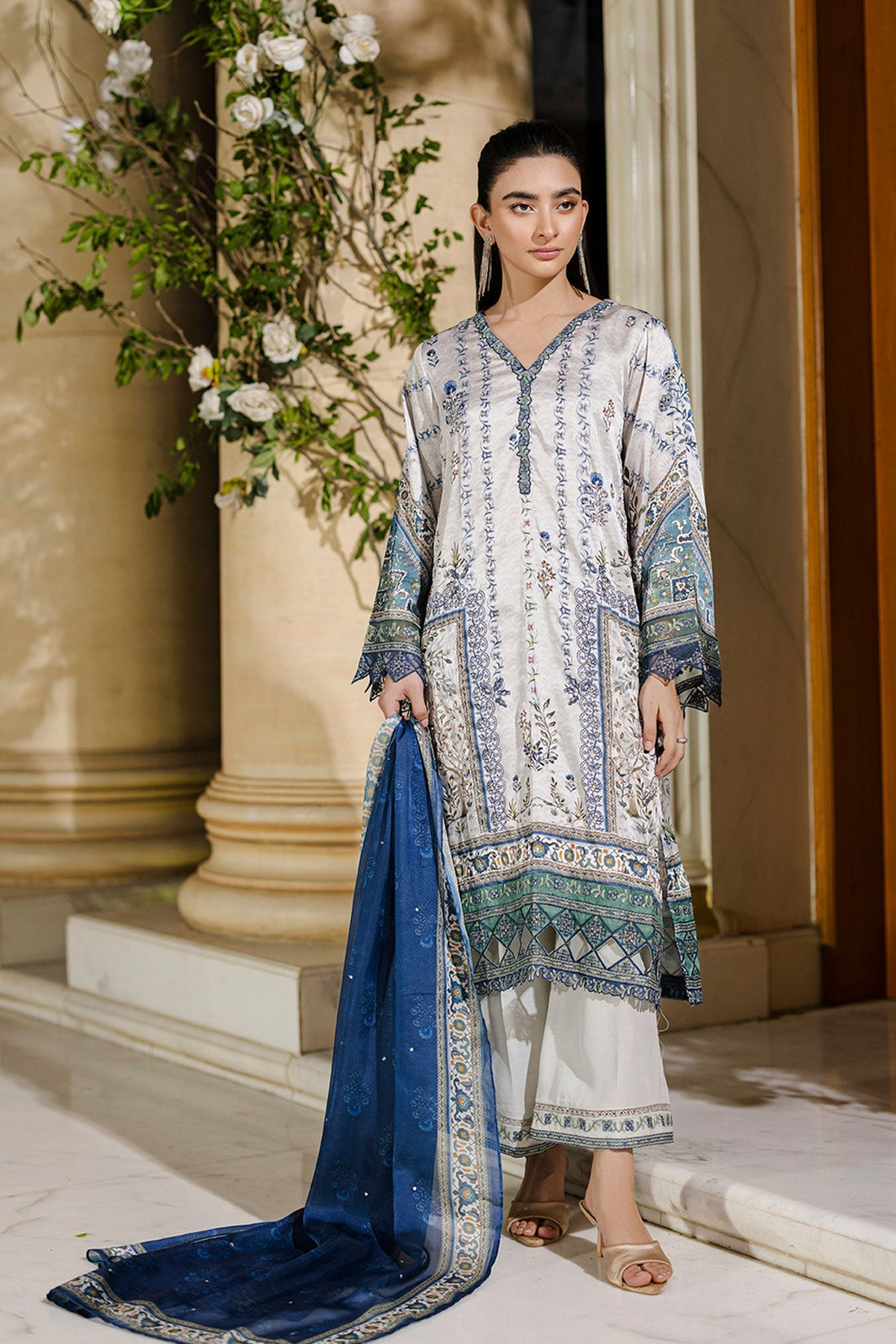 Dhanak | Silk Pret | Silk Tunic - 2PCS HAND EMBELLISHED SHIRT WITH TROUSER- GREY - House Of Hania