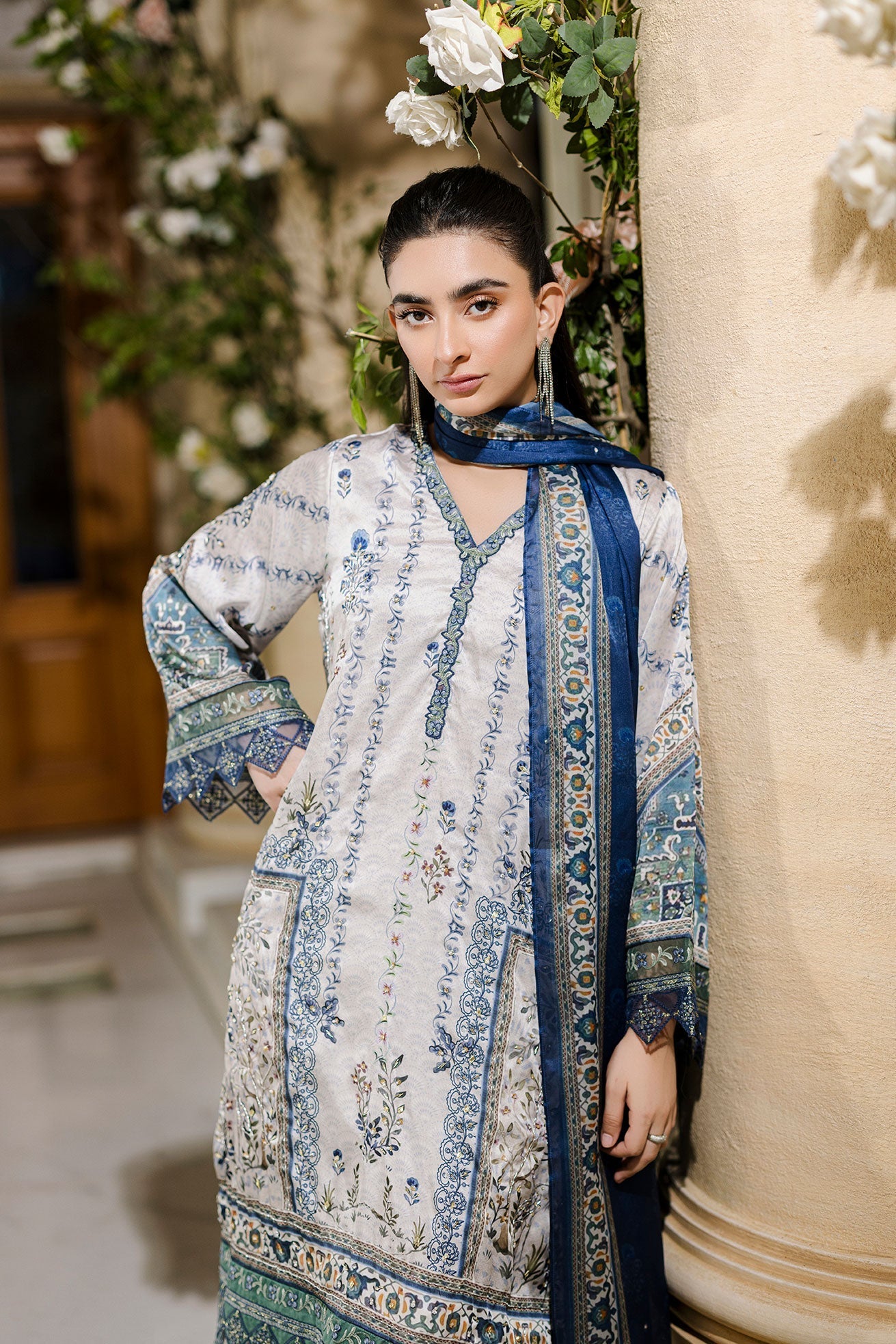 Dhanak | Silk Pret | Silk Tunic - 2PCS HAND EMBELLISHED SHIRT WITH TROUSER- GREY - House Of Hania