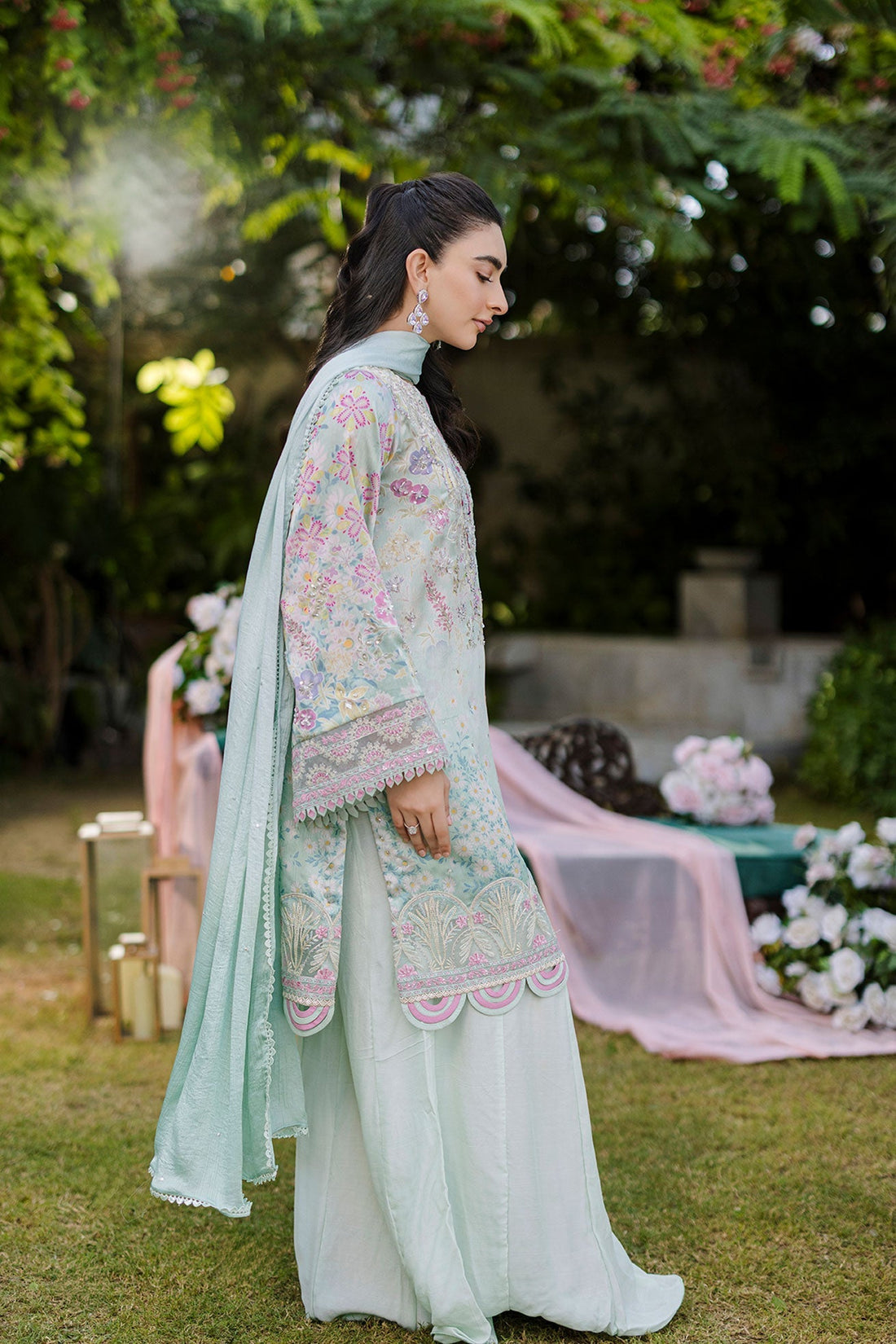 Dhanak | Silk Pret | Silk Tunic - 2PCS HAND EMBELLISHED SHIRT WITH TROUSER- L-GREEN - House Of Hania