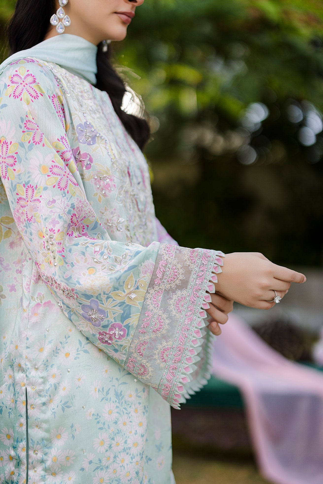 Dhanak | Silk Pret | Silk Tunic - 2PCS HAND EMBELLISHED SHIRT WITH TROUSER- L-GREEN - House Of Hania