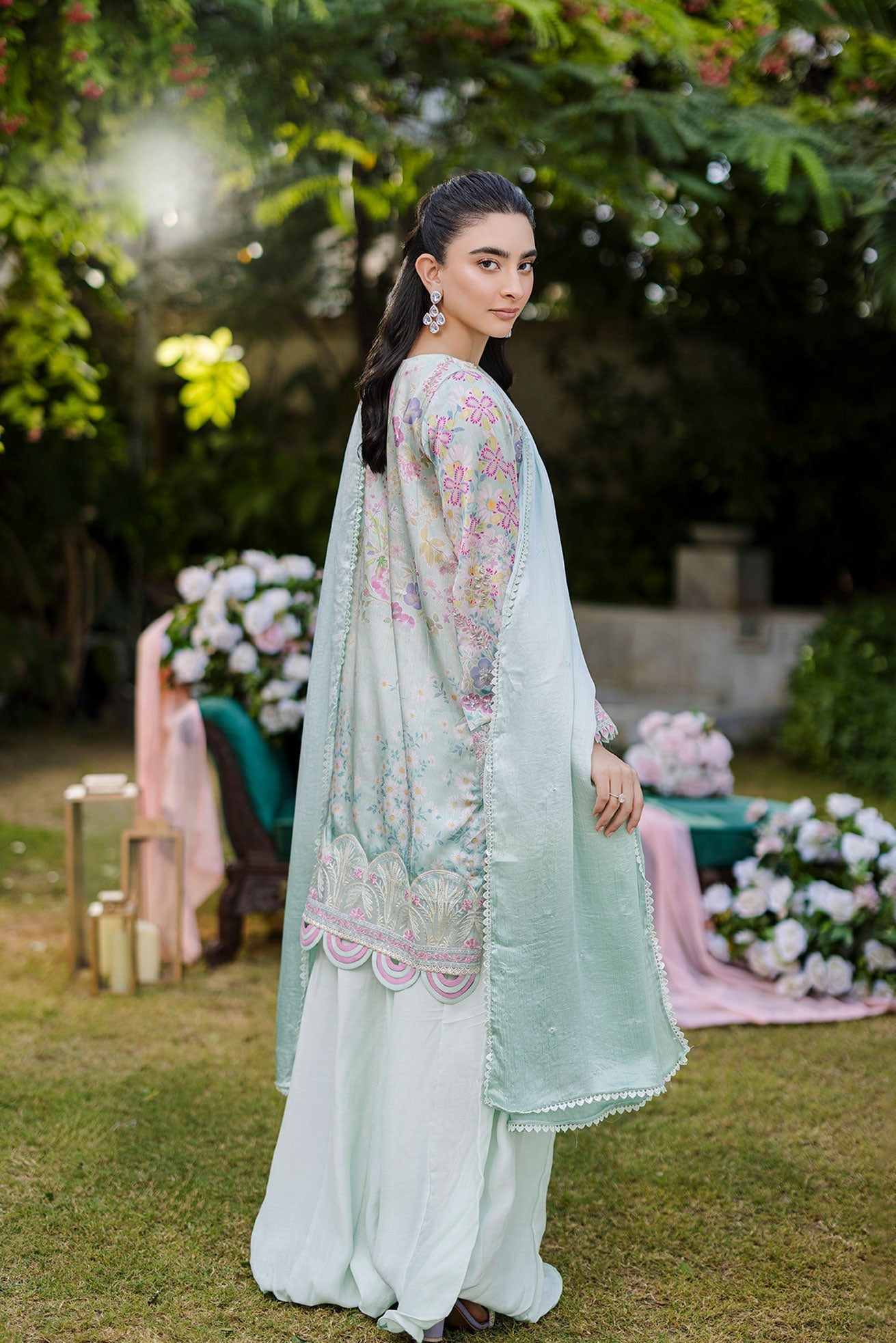 Dhanak | Silk Pret | Silk Tunic - 2PCS HAND EMBELLISHED SHIRT WITH TROUSER- L-GREEN - House Of Hania