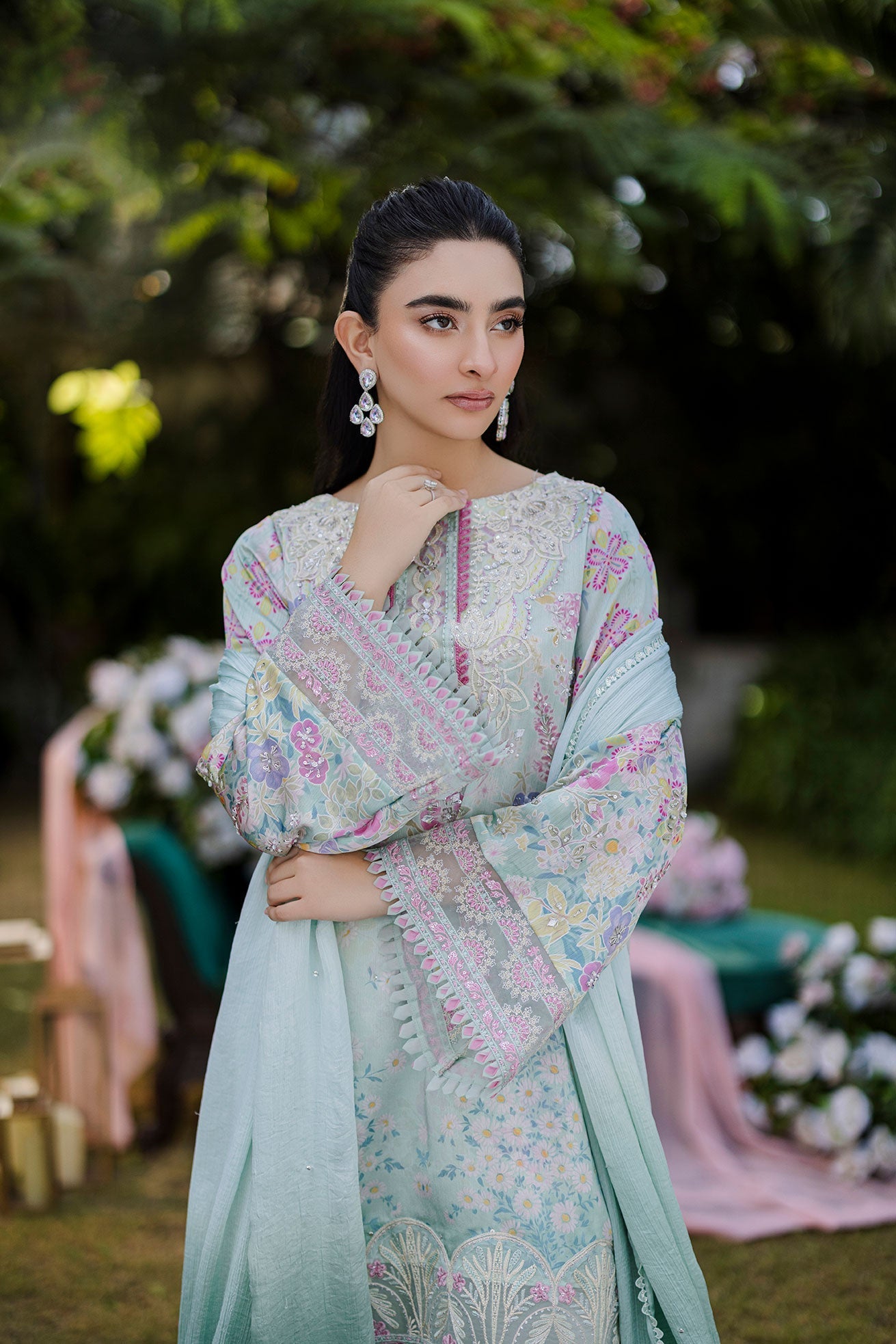Dhanak | Silk Pret | Silk Tunic - 2PCS HAND EMBELLISHED SHIRT WITH TROUSER- L-GREEN - House Of Hania
