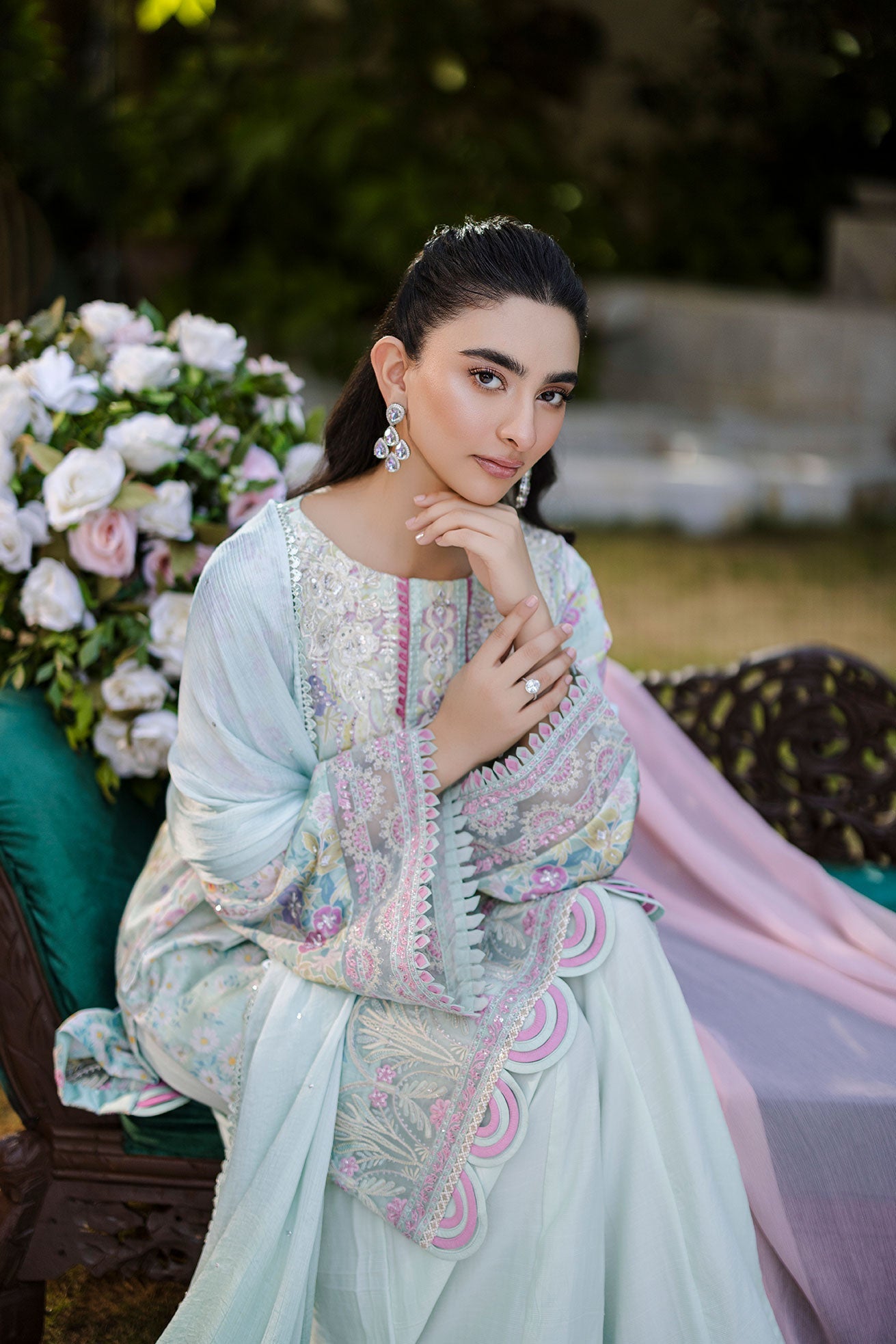 Dhanak | Silk Pret | Silk Tunic - 2PCS HAND EMBELLISHED SHIRT WITH TROUSER- L-GREEN - House Of Hania