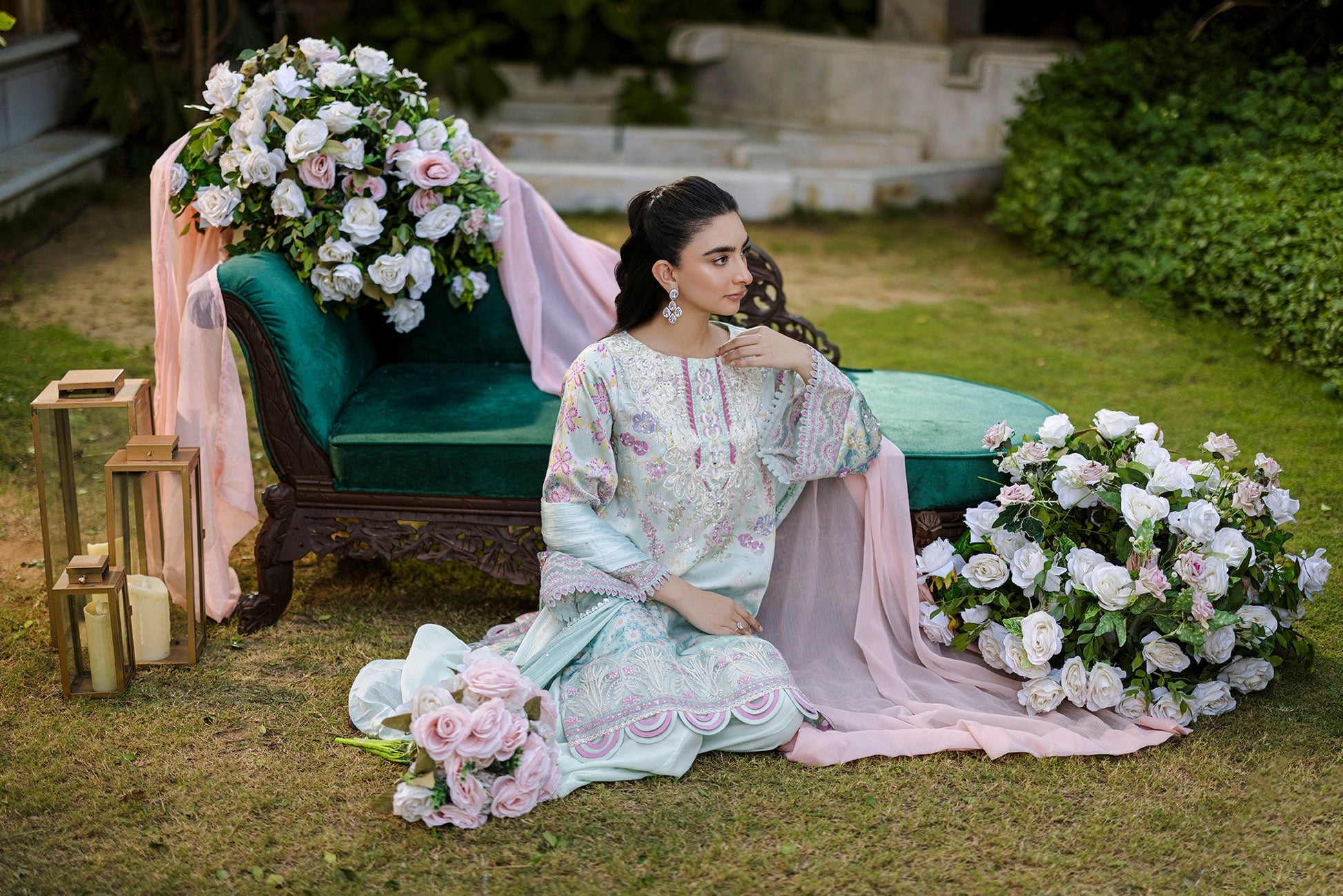 Dhanak | Silk Pret | Silk Tunic - 2PCS HAND EMBELLISHED SHIRT WITH TROUSER- L-GREEN - House Of Hania