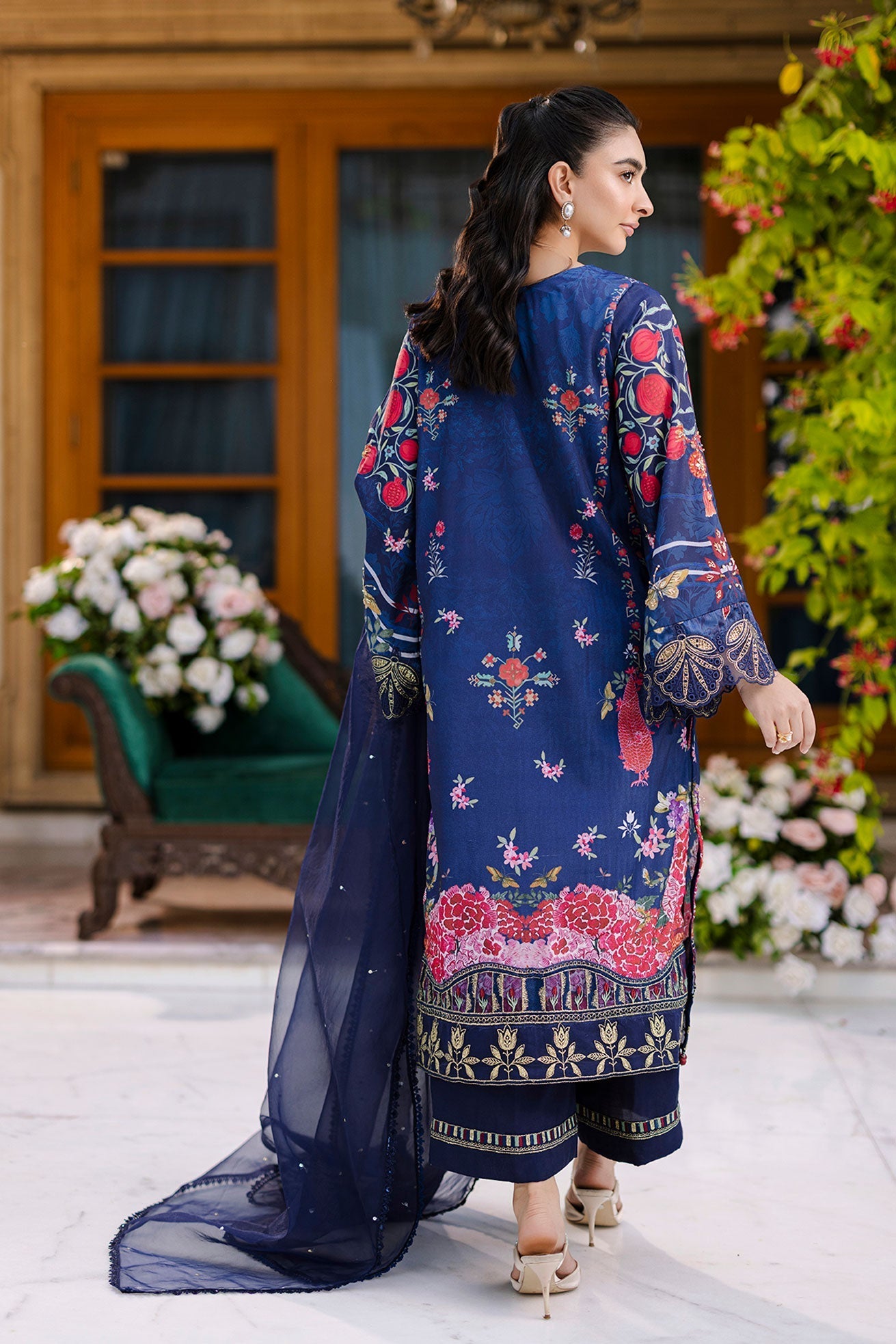 Dhanak | Silk Pret | Silk Tunic - 2PCS HAND EMBELLISHED SHIRT WITH TROUSER- NAVY BLUE - House Of Hania
