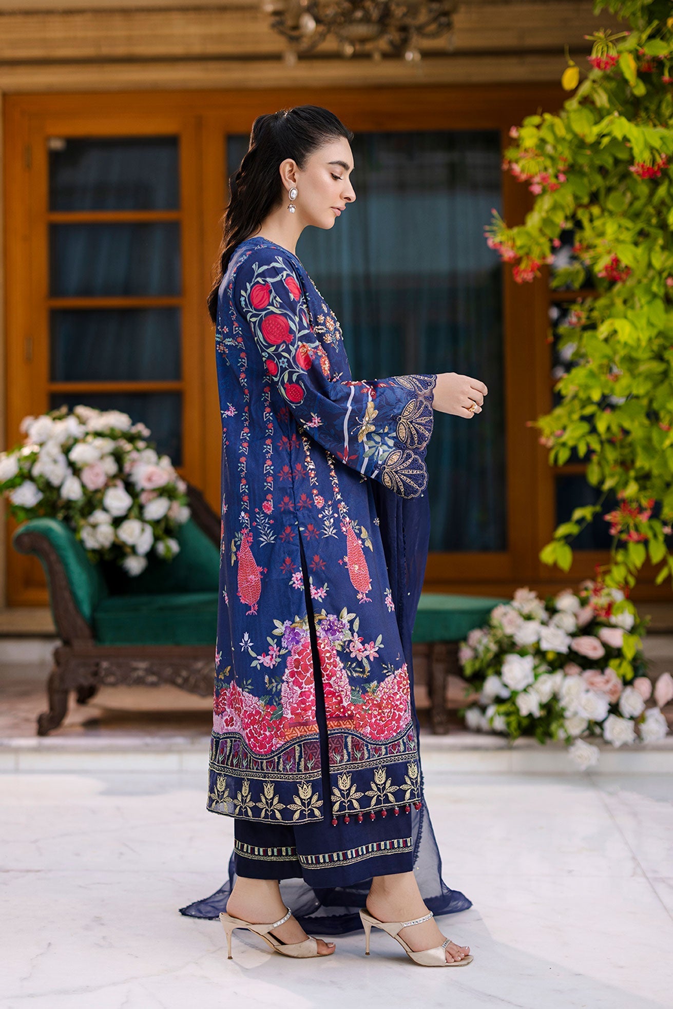 Dhanak | Silk Pret | Silk Tunic - 2PCS HAND EMBELLISHED SHIRT WITH TROUSER- NAVY BLUE - House Of Hania