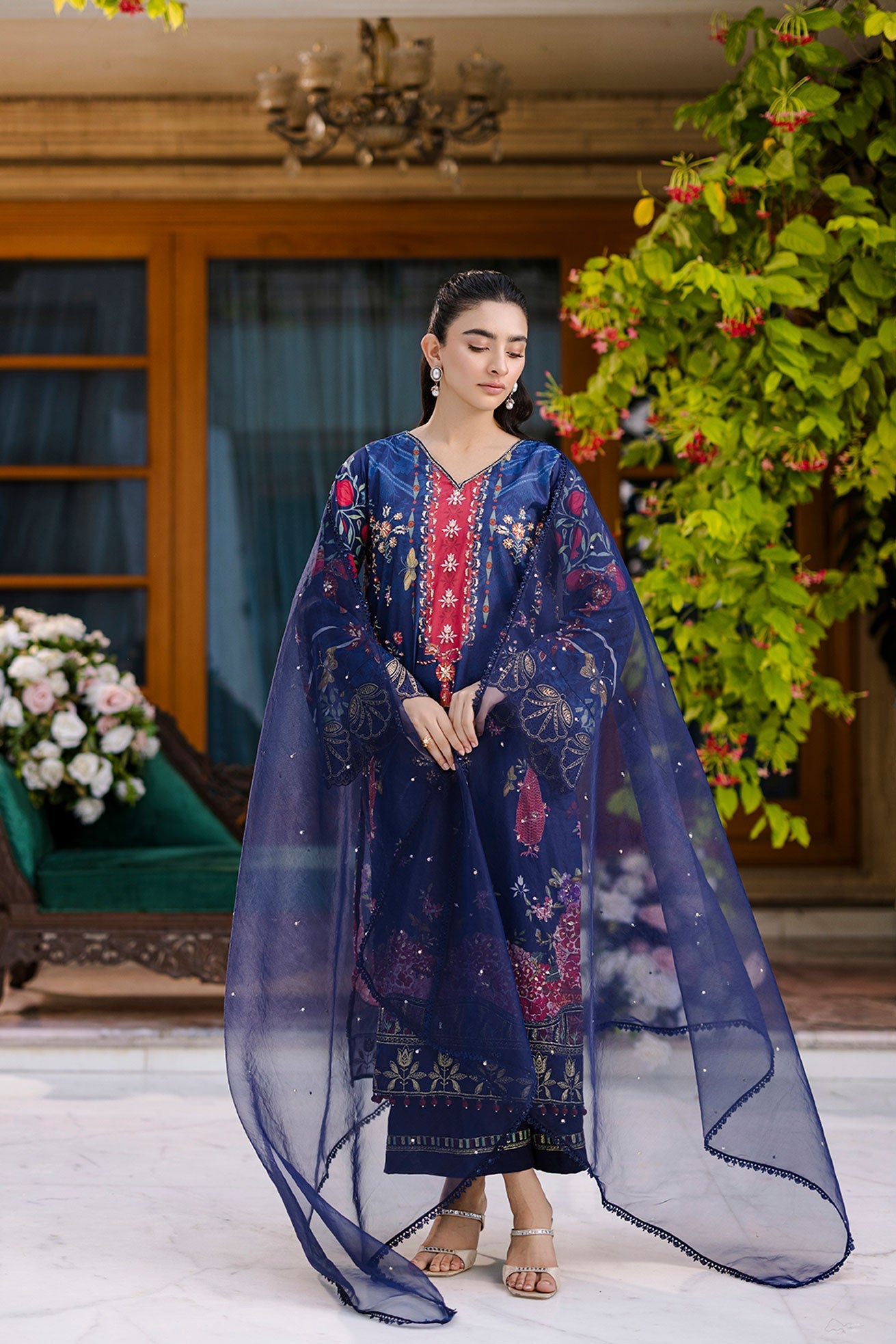 Dhanak | Silk Pret | Silk Tunic - 2PCS HAND EMBELLISHED SHIRT WITH TROUSER- NAVY BLUE - House Of Hania