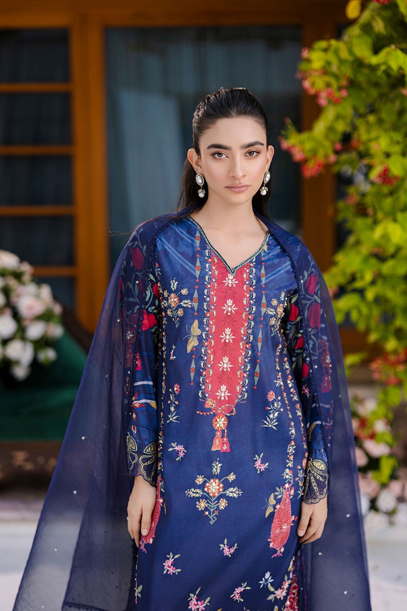 Dhanak | Silk Pret | Silk Tunic - 2PCS HAND EMBELLISHED SHIRT WITH TROUSER- NAVY BLUE - House Of Hania