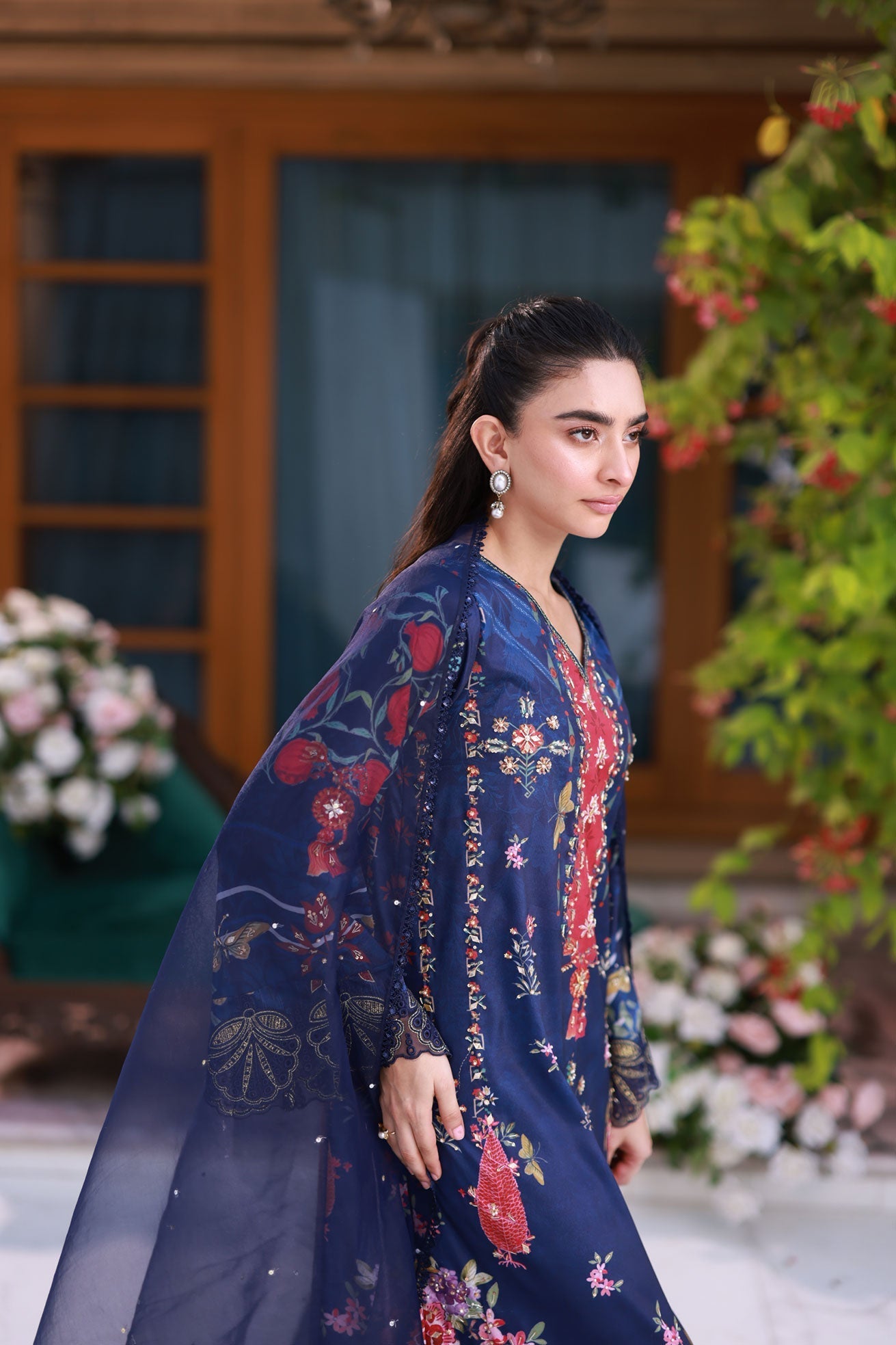 Dhanak | Silk Pret | Silk Tunic - 2PCS HAND EMBELLISHED SHIRT WITH TROUSER- NAVY BLUE - House Of Hania